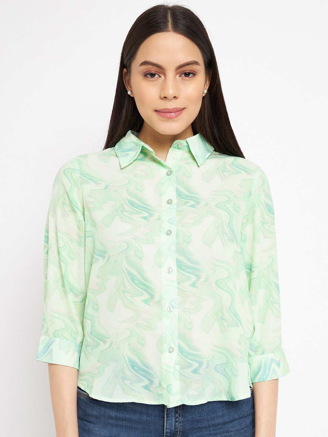 

Madame Women Abstract Printed Casual Shirt, Green