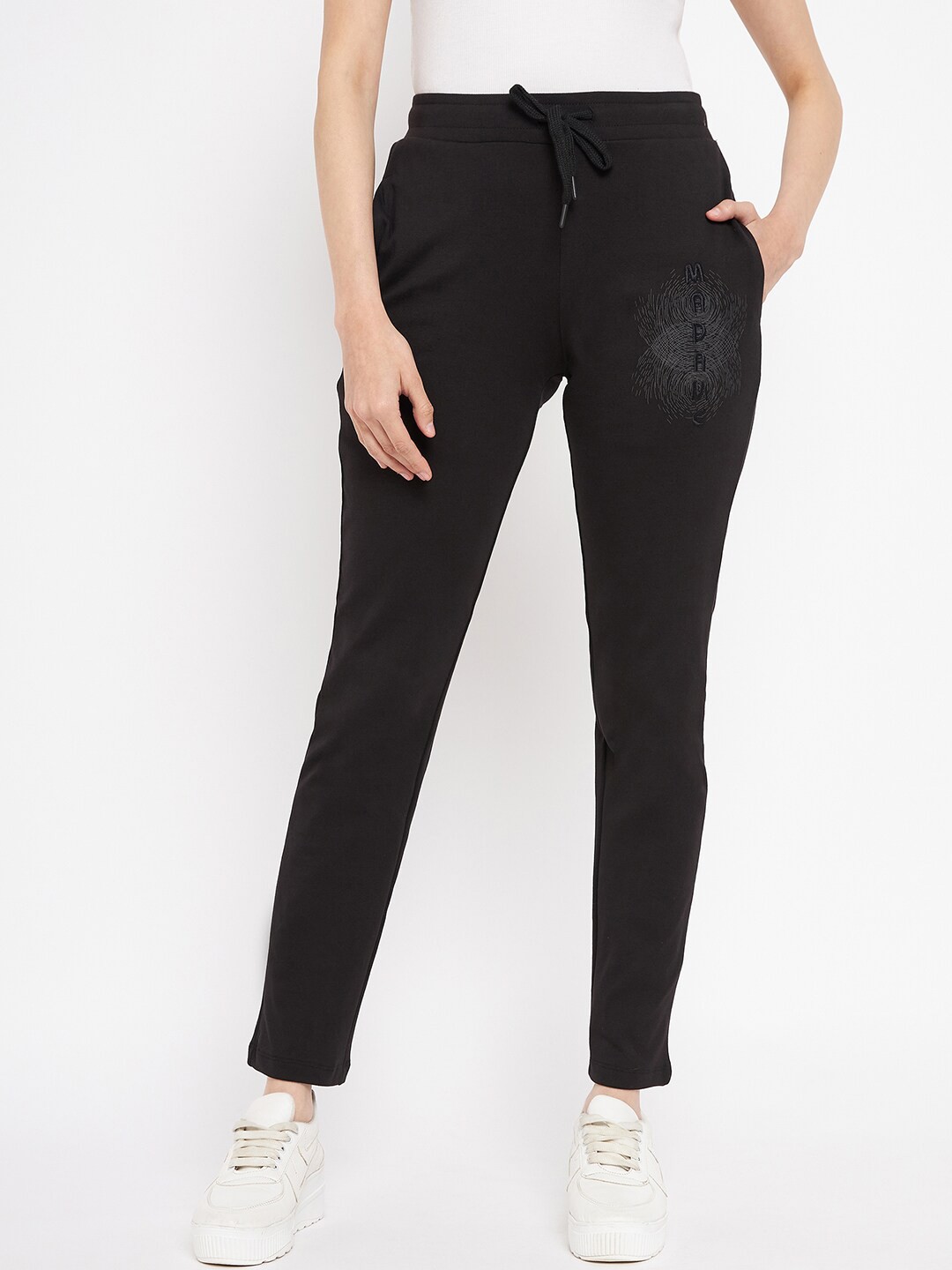 

Madame Women Printed Cotton Track Pants, Black