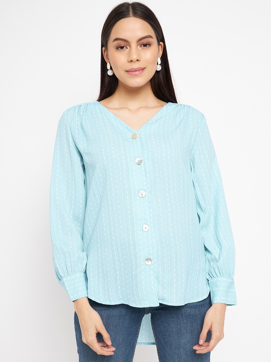 

Madame Print Cuffed Sleeves Shirt Style Longline Top, Blue