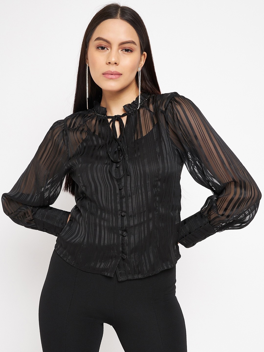 

Madame Cuffed Sleeve Tie-Up Neck Top, Black