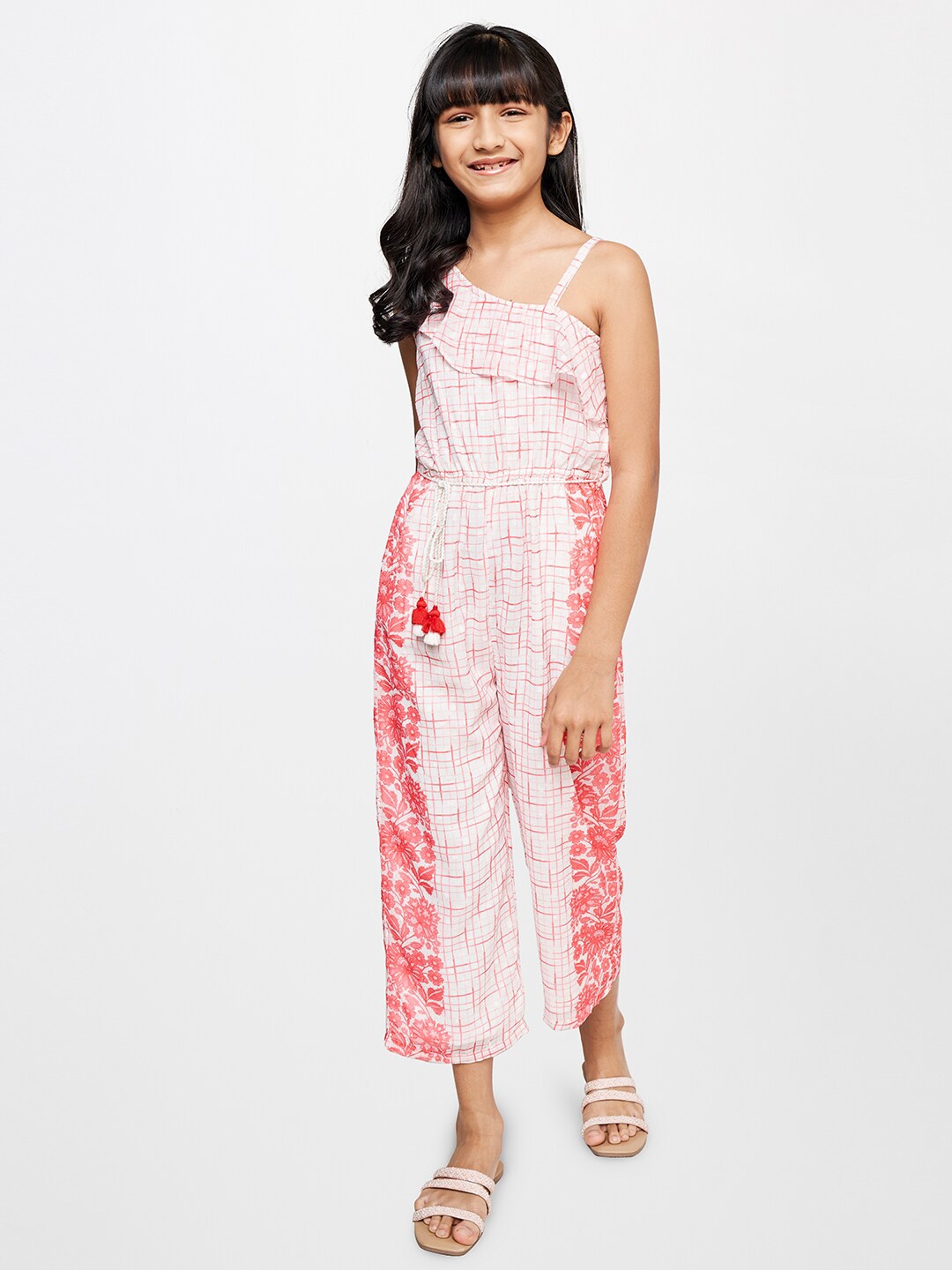 

Global Desi Girls Checked Cotton Basic Jumpsuit, White