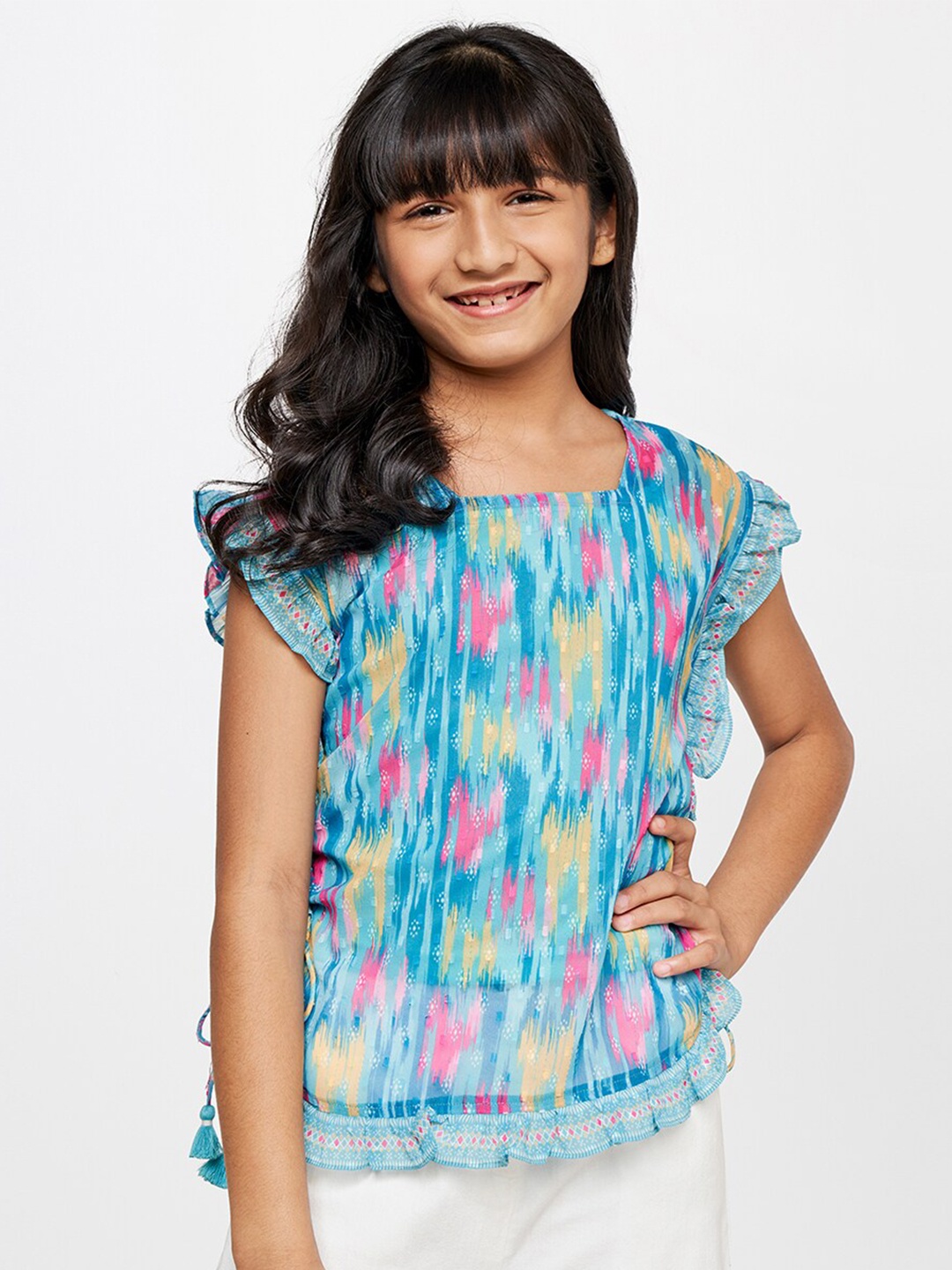 

Global Desi Girls Printed Styled Back Top, Blue