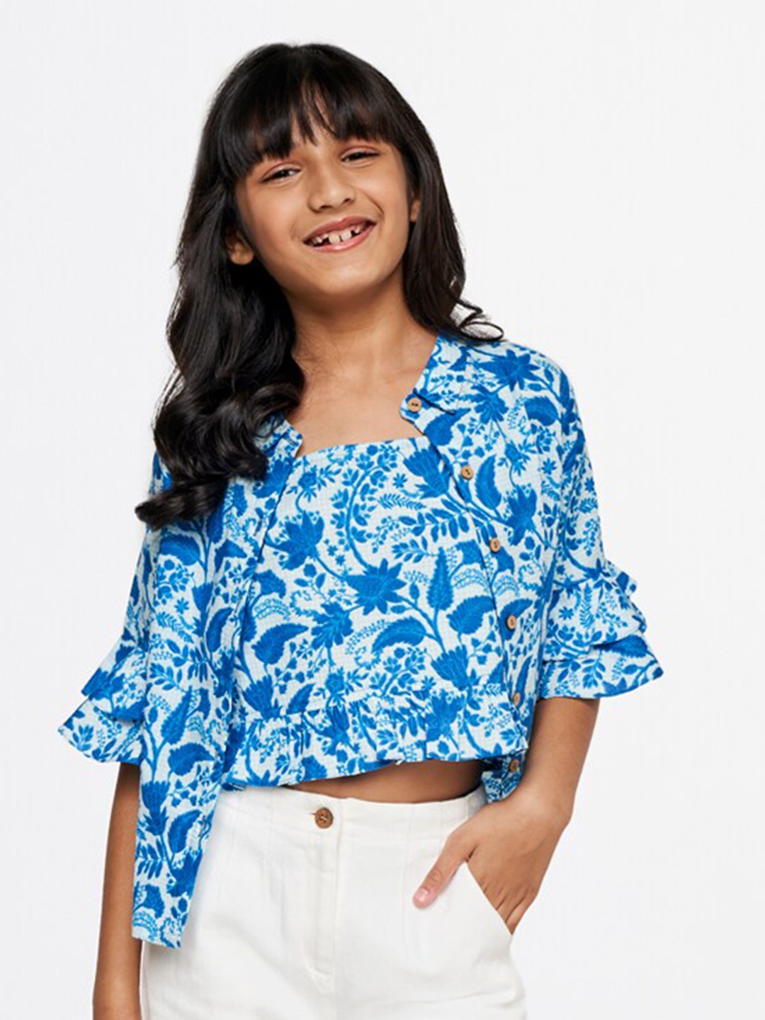 

Global Desi Girls Floral Printed Pure Cotton Top, Blue