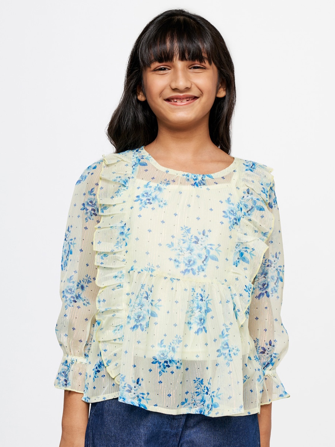 

Global Desi Floral Printed Round Neck Top, Yellow