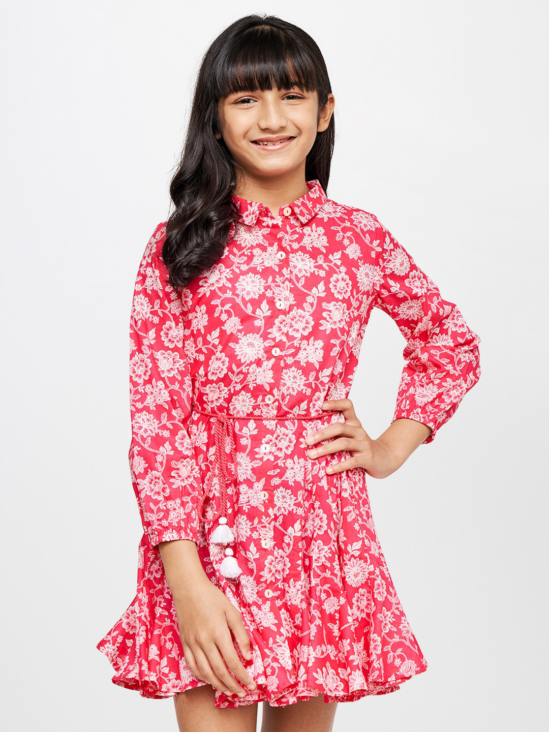 

Global Desi Floral Printed Shirt Collar Cotton Dress, Pink