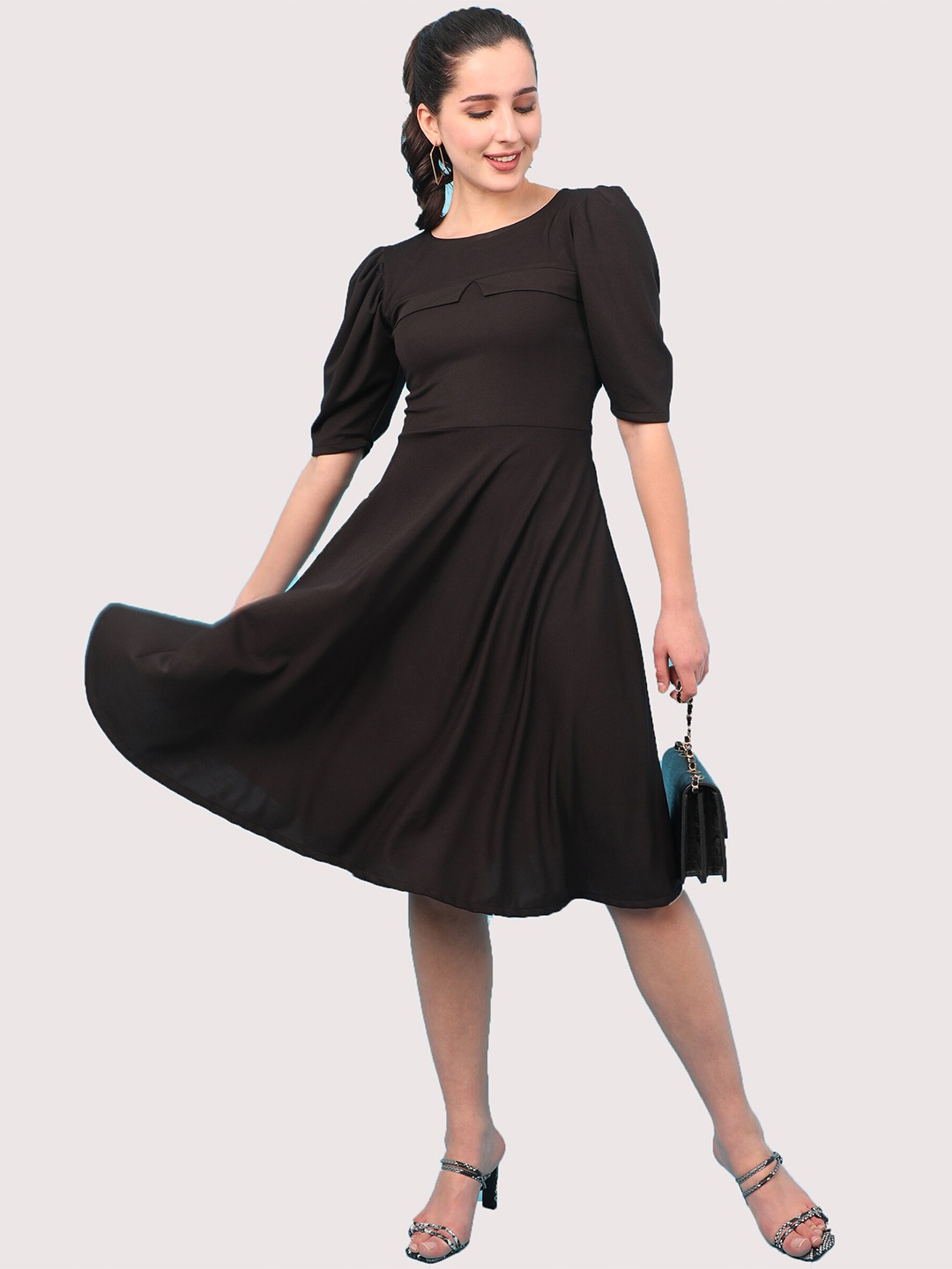 

J Turritopsis Round Neck Puff Sleeves Fit & Flare Dress, Black