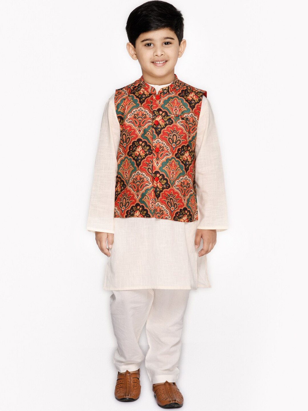 

SAKA DESIGNS Boys Pure Cotton Band Collar Kurta & Pyjamas With Printed Nehru Jacket, White