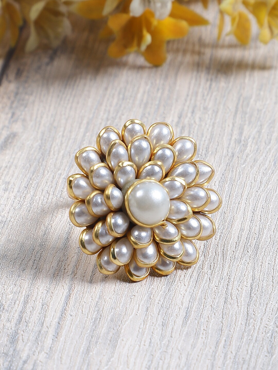 

STEORRA JEWELS Women Gold-Plated Pearls Studded Adjustable Finger Ring, White