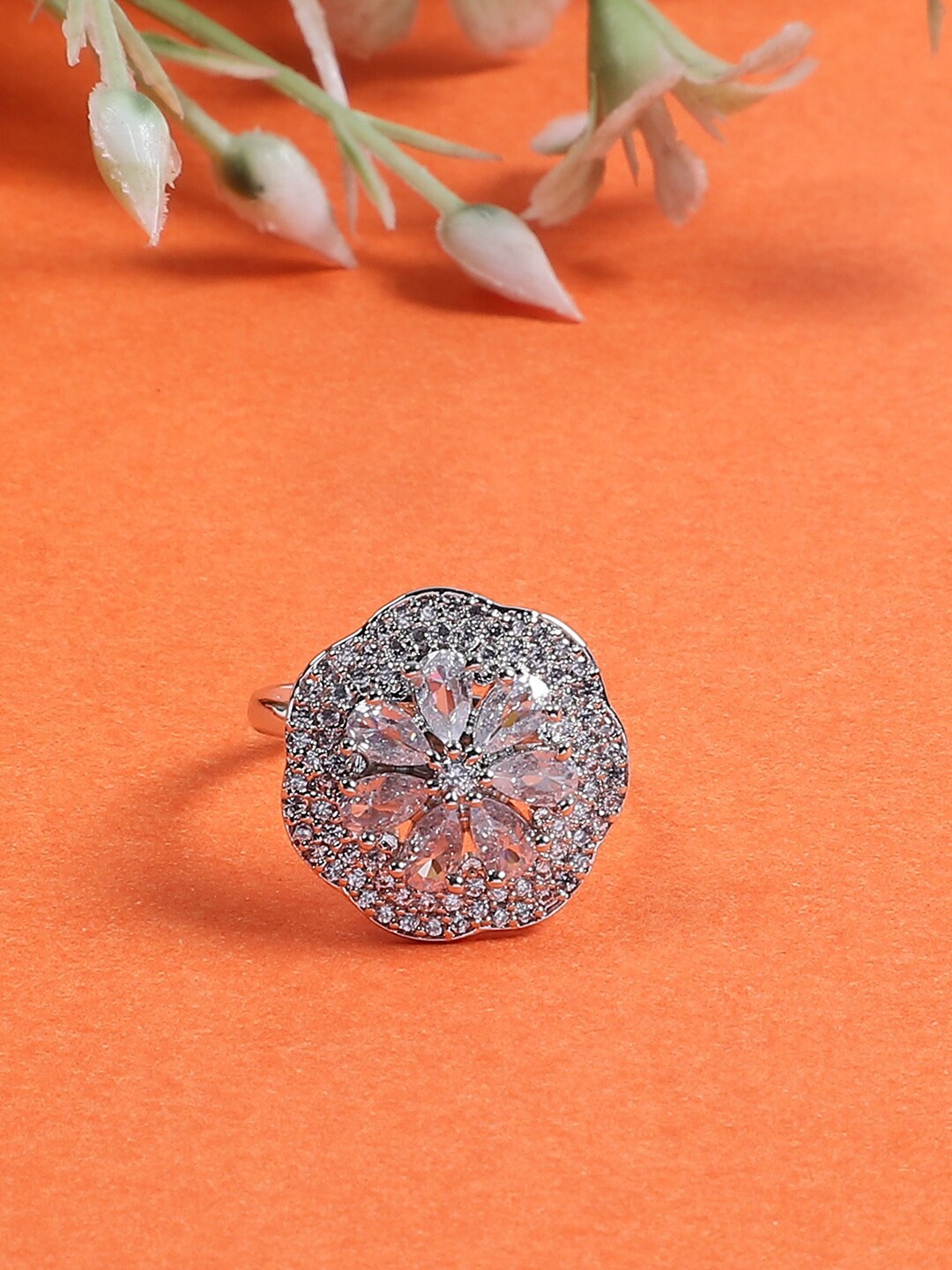 

STEORRA JEWELS Silver-Plated AD Studded Finger Ring