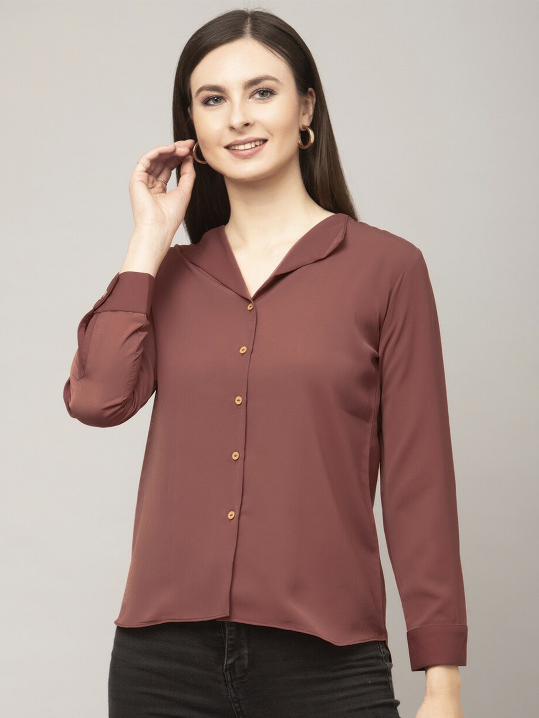 

Selvia Women Shirt Collar Cuffed Sleeves Casual Shirt, Brown