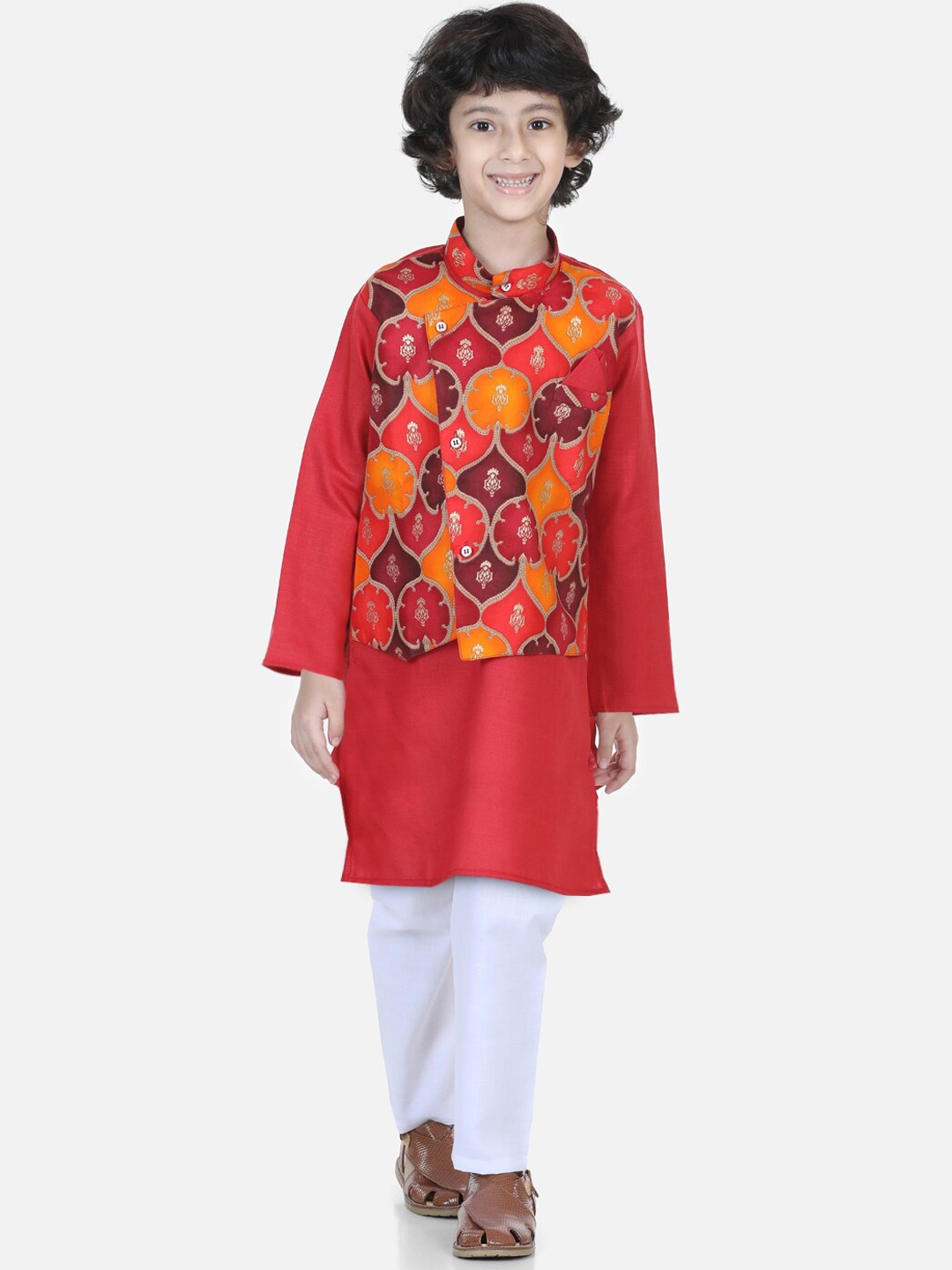 

BownBee Boys Ethnic Motifs Printed Kurta with Attatched Jacket & Pyjamas, Red