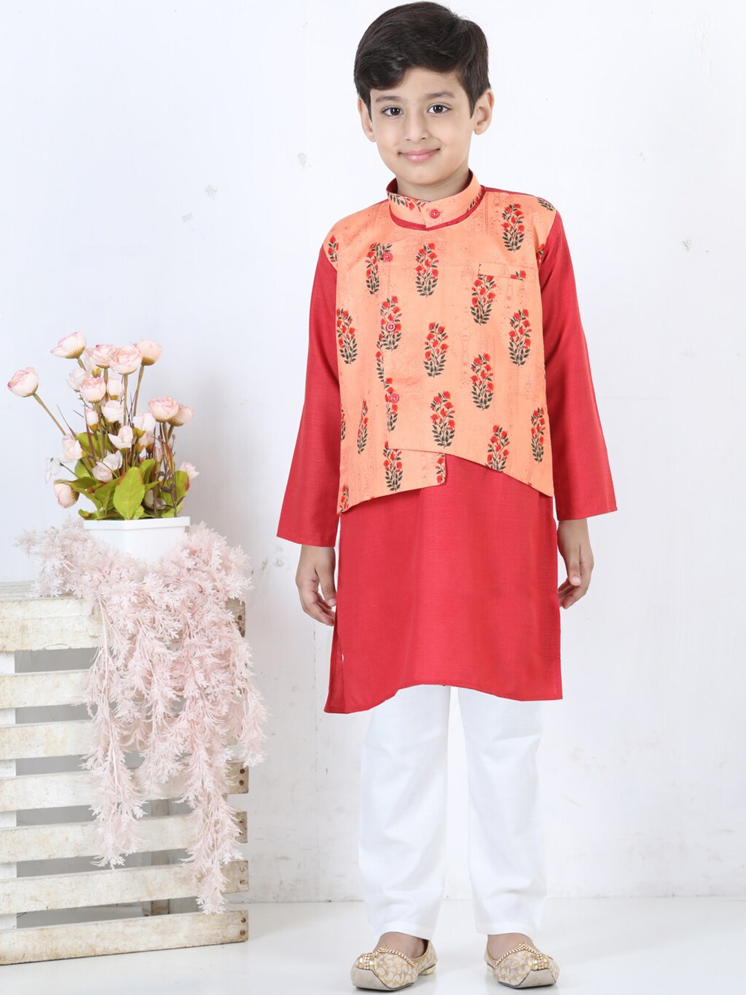 

BownBee Boys Pure Cotton Kurta with Pyjamas & Jacket, Red