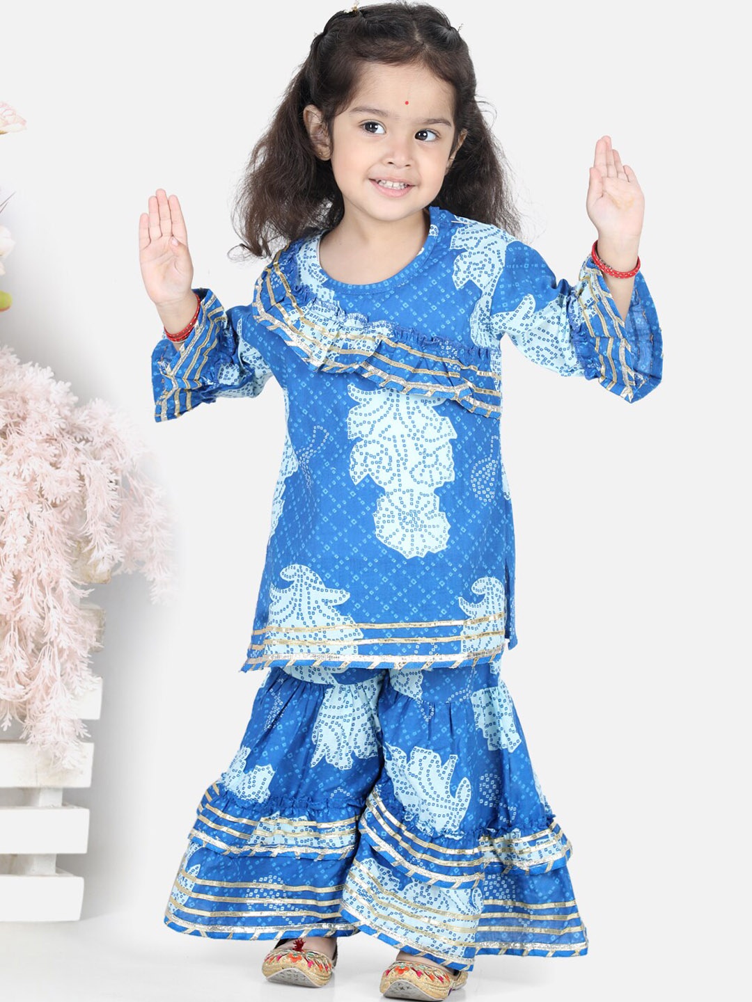 

BownBee Girls Bandhani Printed Gotta Patti Pure Cotton Kurti with Sharara, Blue