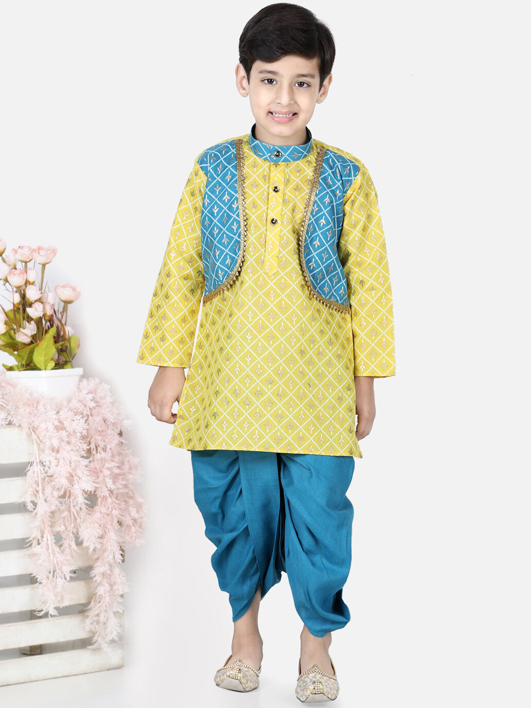 

BownBee Boys Floral Printed Pure Cotton Kurta with Dhoti Pants, Yellow