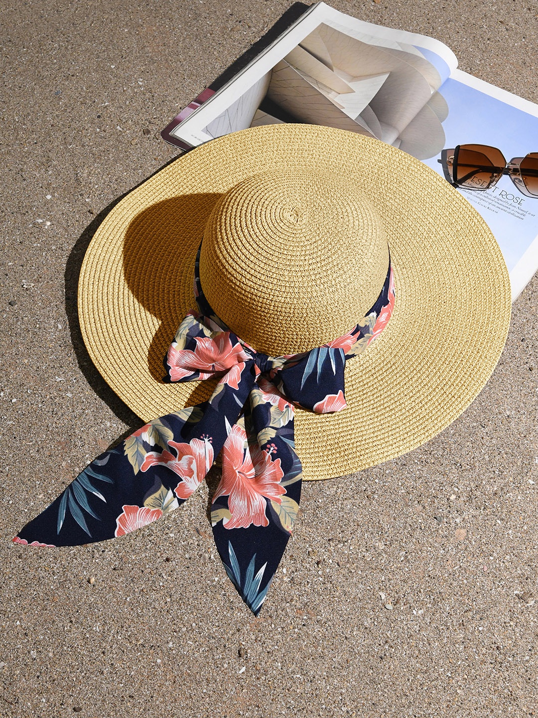 

ToniQ Women Woven Design With Printed Scarf Knot Details Summer Beach Hat, Brown