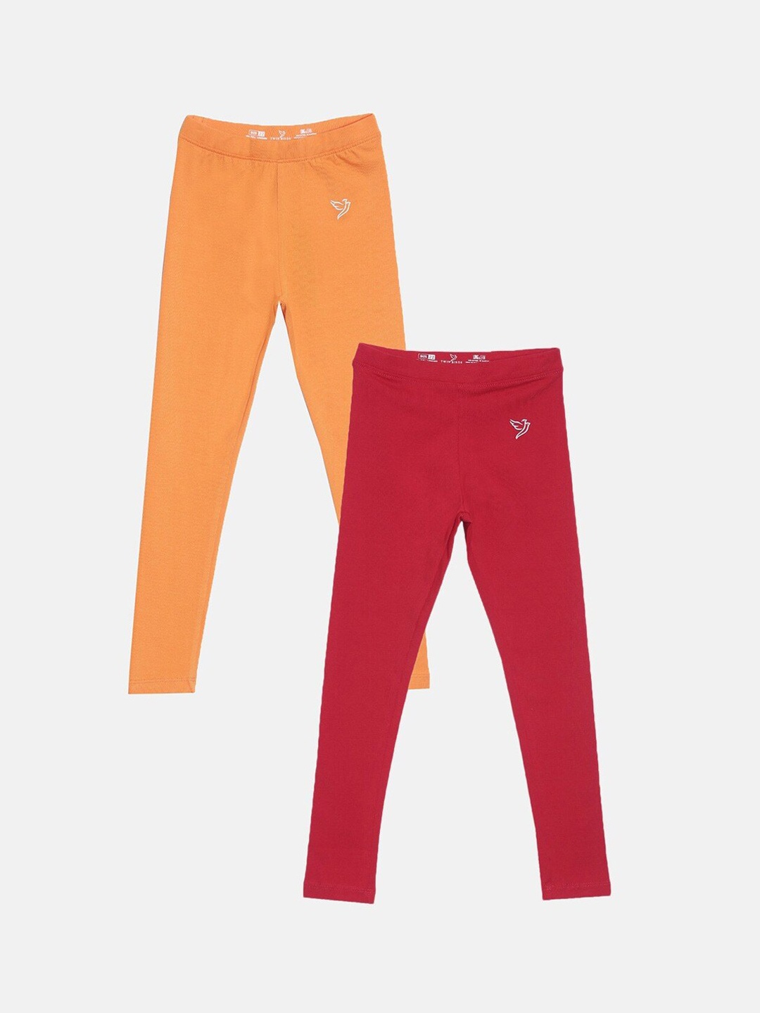 

TWIN BIRDS Girls Pack of 2 Pure Cotton Ankle-Length Leggings, Orange