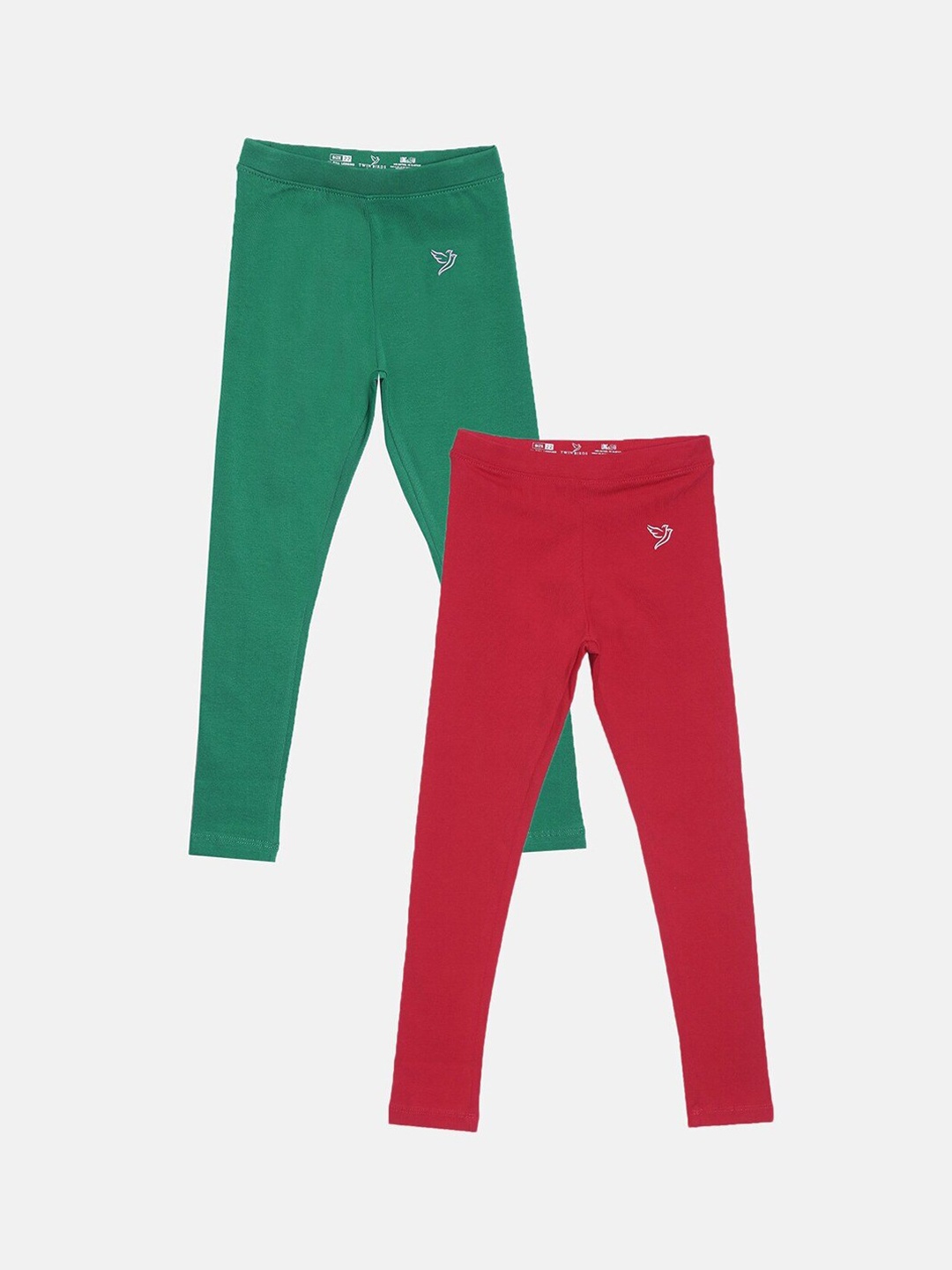 

TWIN BIRDS Girls Pack Of 2 Pure Cotton Ankle-Length Leggings, Green