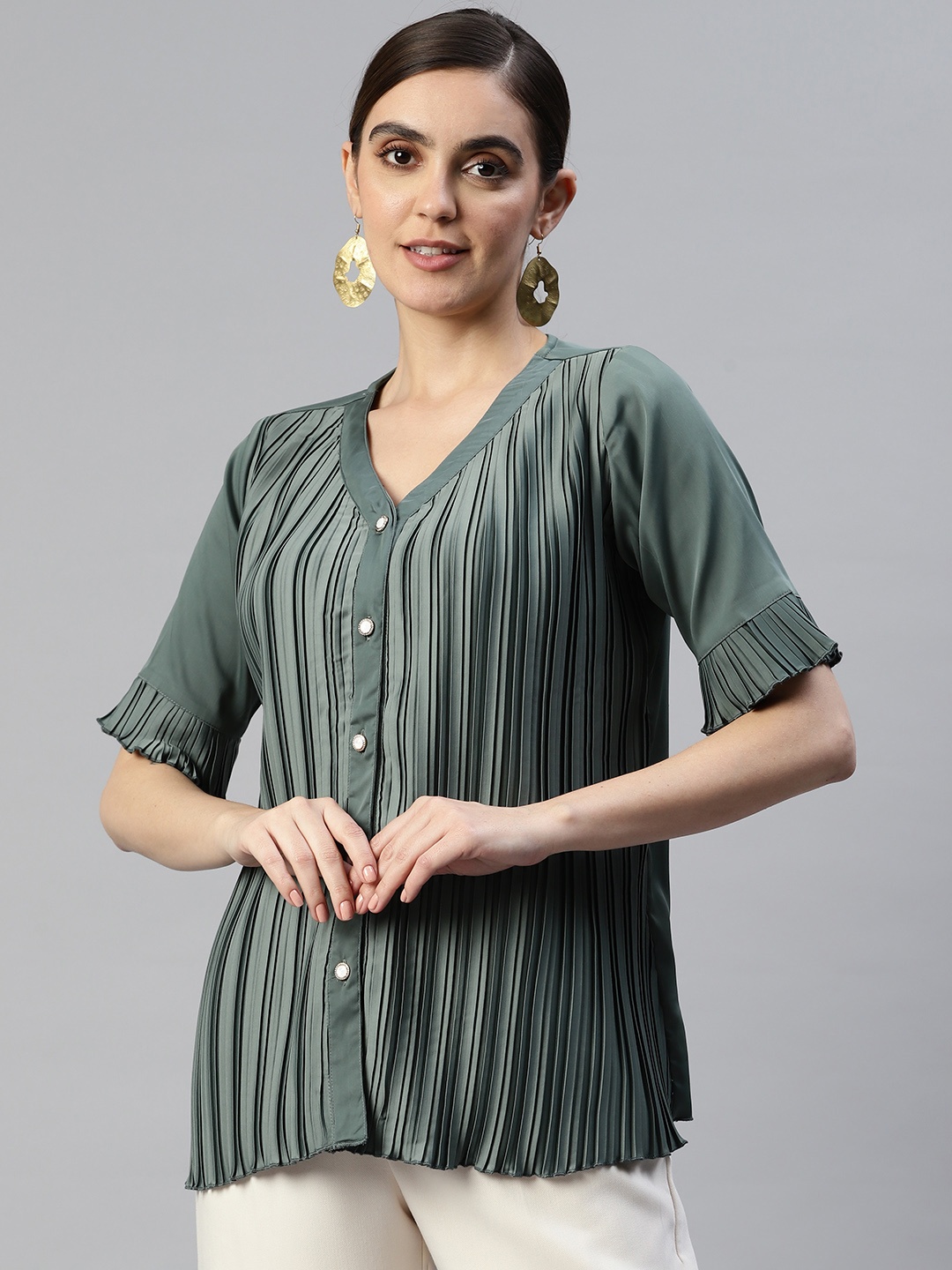 

plusS V-Neck Accordion Pleats Shirt Style Top, Sea green