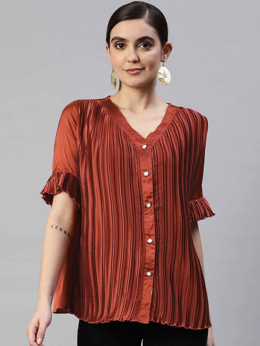 

plusS Accordion Pleats Shirt Style Top, Rust