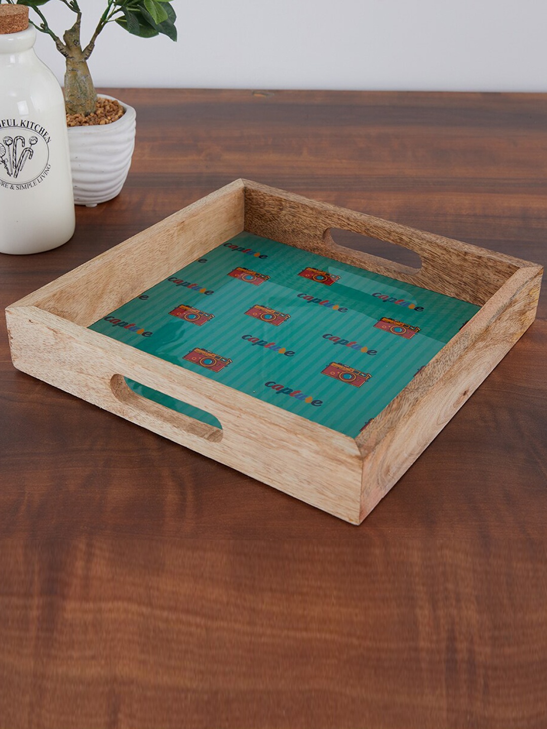 

HomeTown Milan Green & Orange Conversational Printed Wooden Square Serving Tray