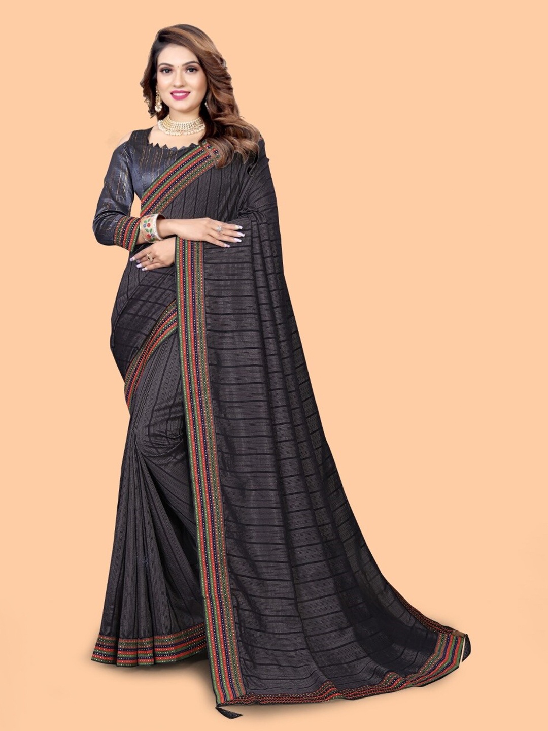 

SHAIBO SAREE Striped Pure Silk Saree, Charcoal