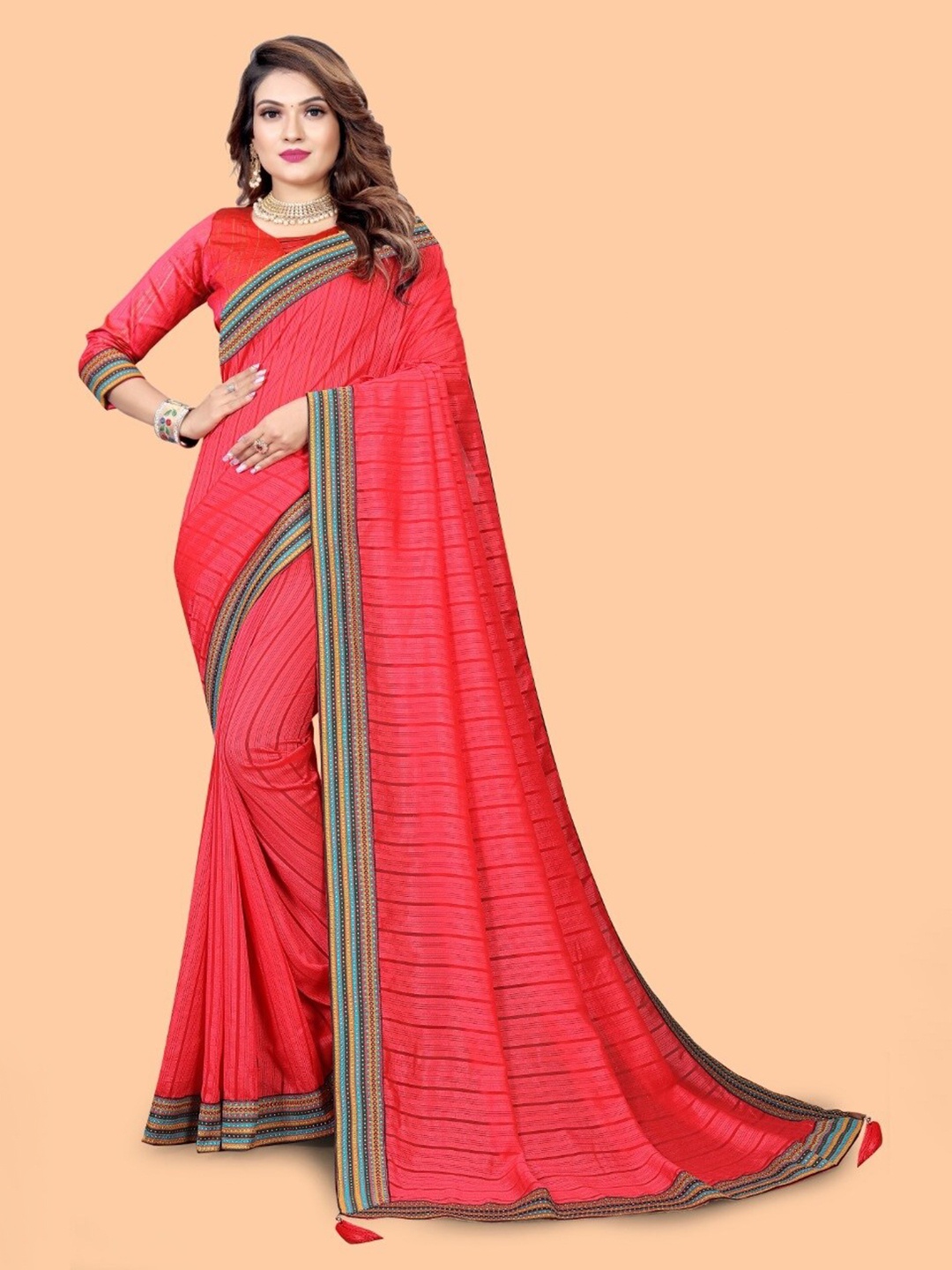 

SHAIBO SAREE Striped Pure Silk Saree, Red