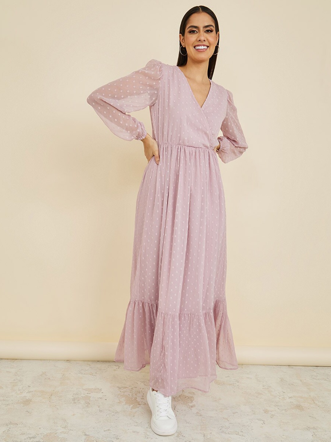 

Styli Puff Sleeves Dobby A-Line Maxi Dress, Pink