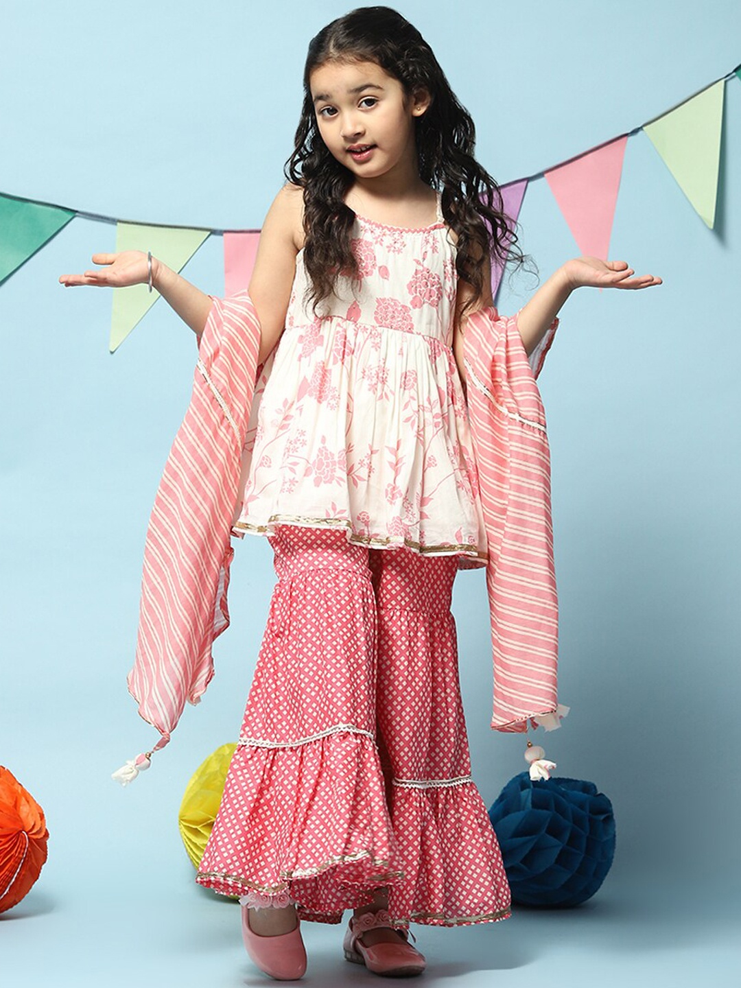 

Biba Girls Floral Printed Kurta with Sharara & With Dupatta, Off white