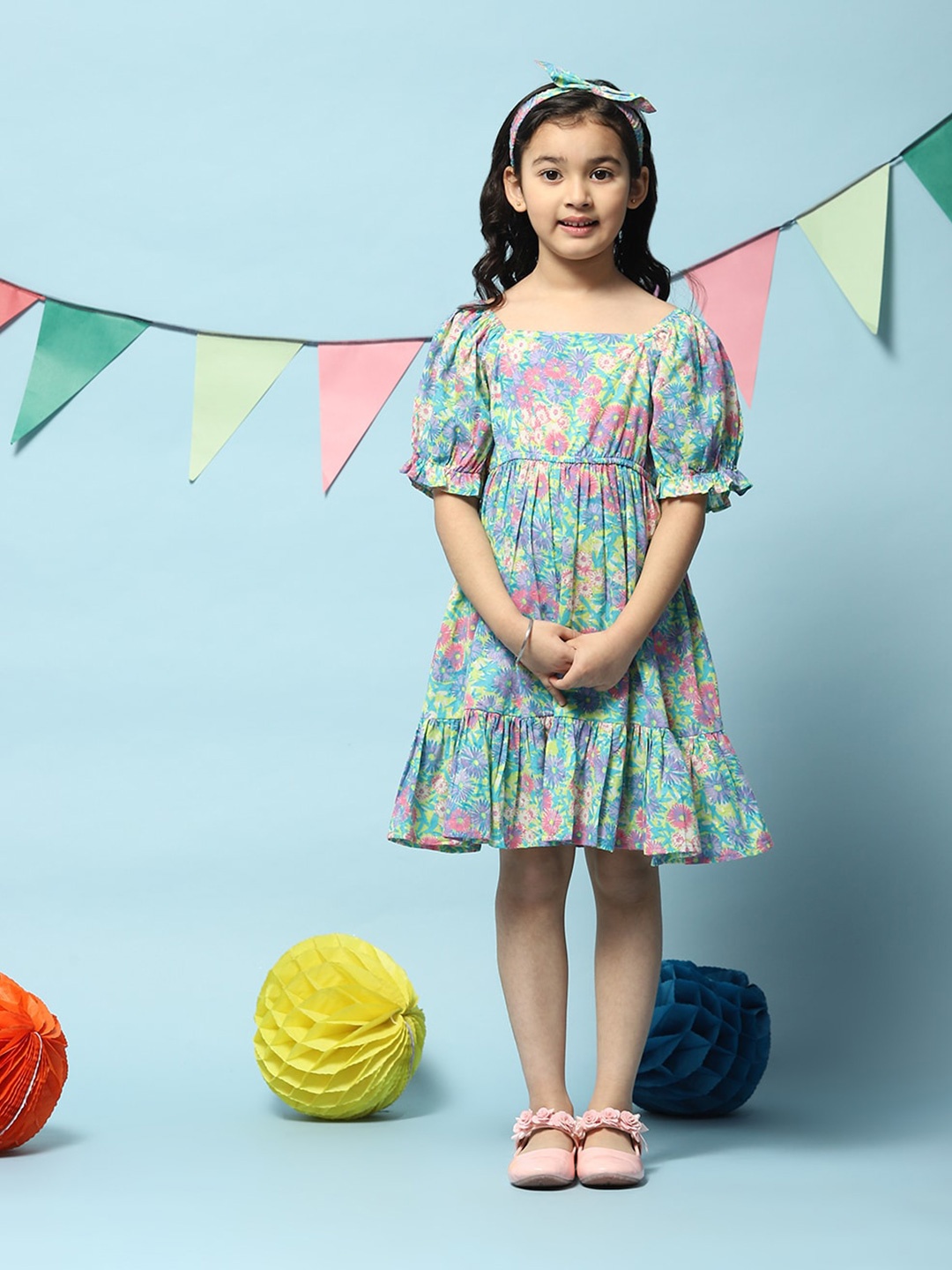 

Biba Girls Square Neck Cotton Dress, Blue