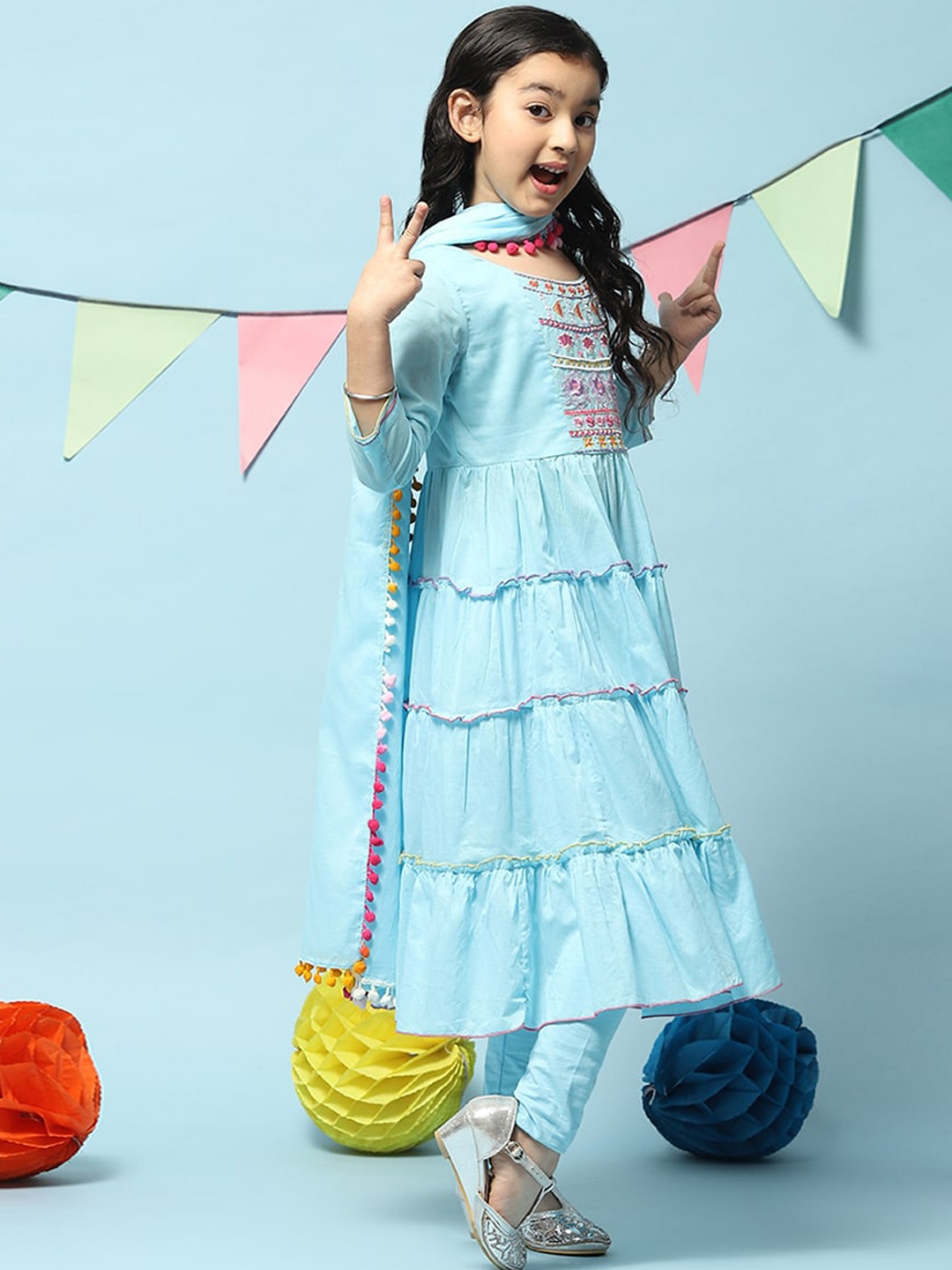 

Biba Girls Ethnic Motifs Embroidered Kurta with Leggings & Dupatta, Turquoise blue