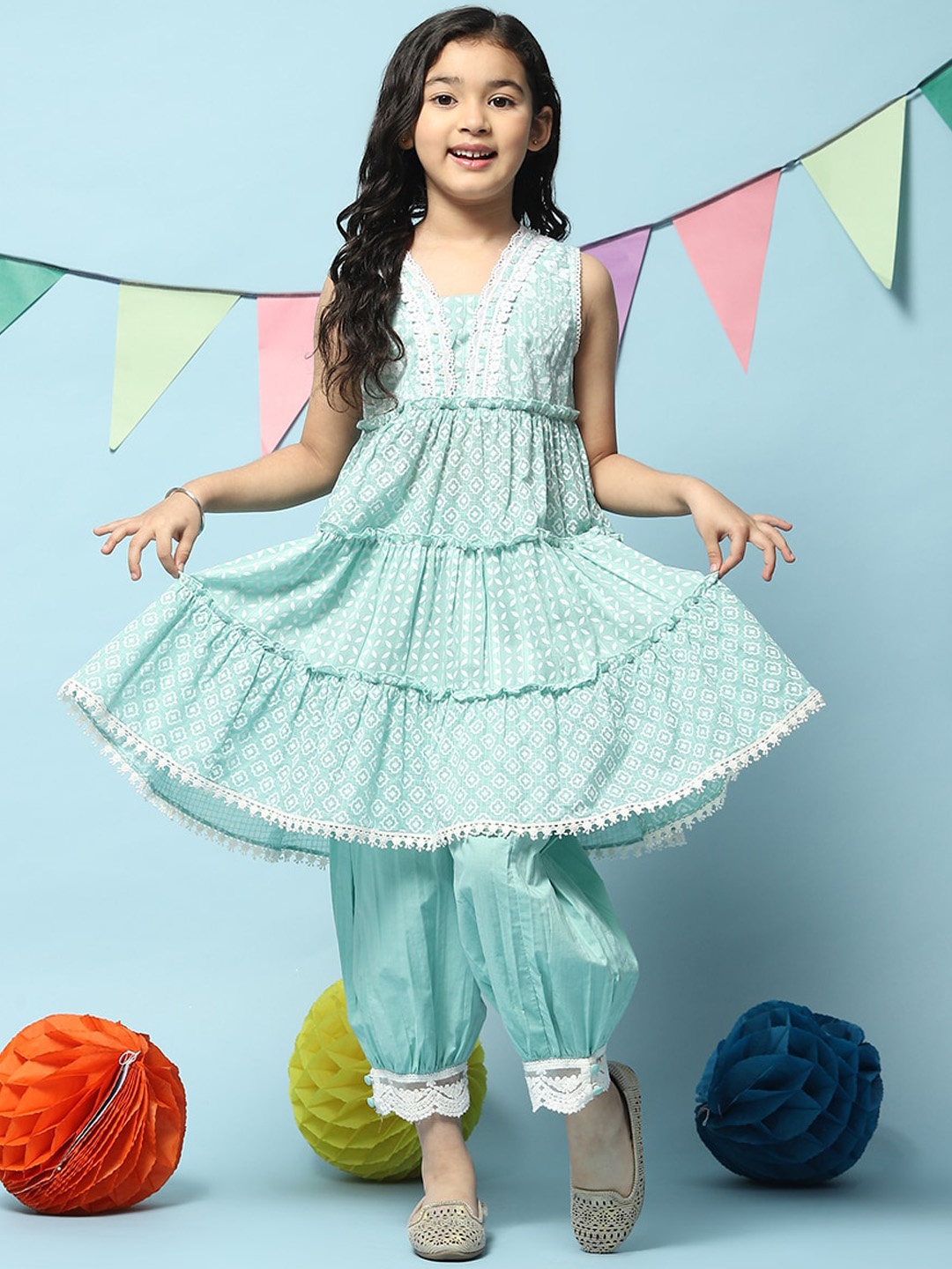 

Biba Girls Printed Tiered Beads and Stones Kurta with Salwar, Green