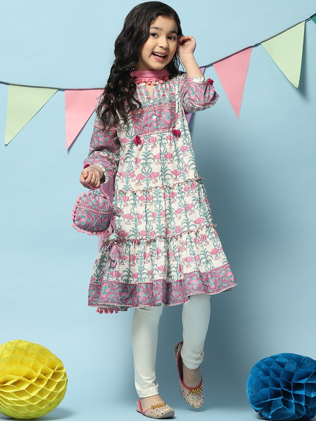 

Biba Girls Floral Printed Tiered Kurta With Leggings & Dupatta, Purple