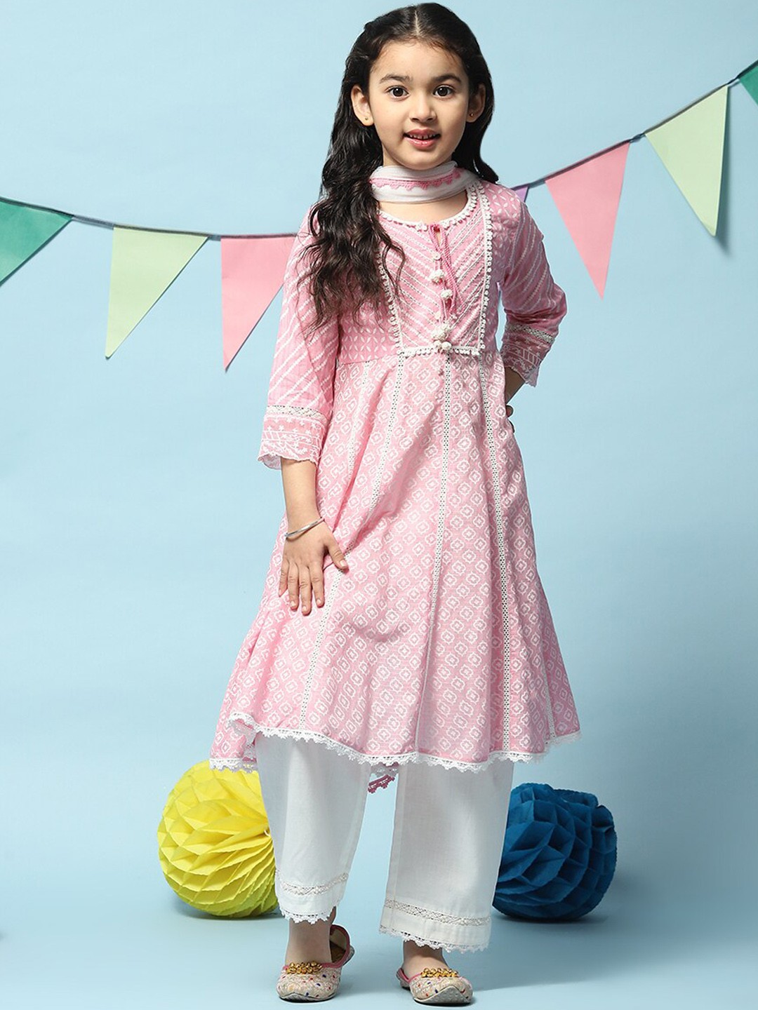

Biba Girls Ethnic Printed Kurta with Trousers & Dupatta, Pink