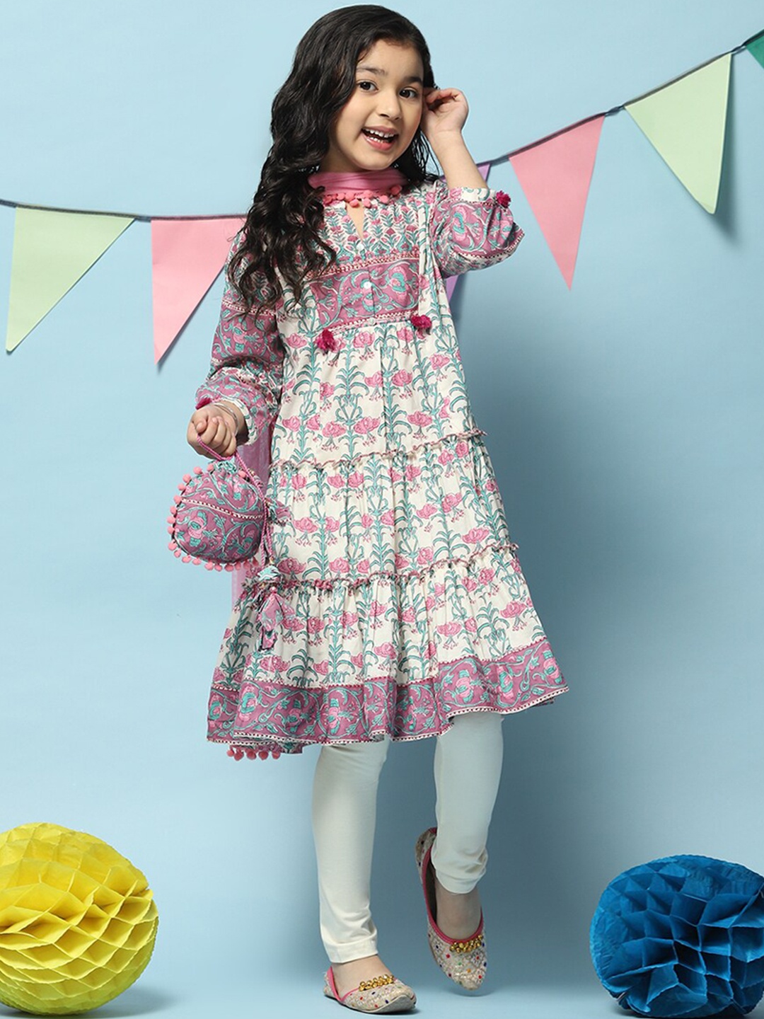 

Biba Girls Floral Printed Band Collar Tiered Kurta With Legging & Dupatta, Purple