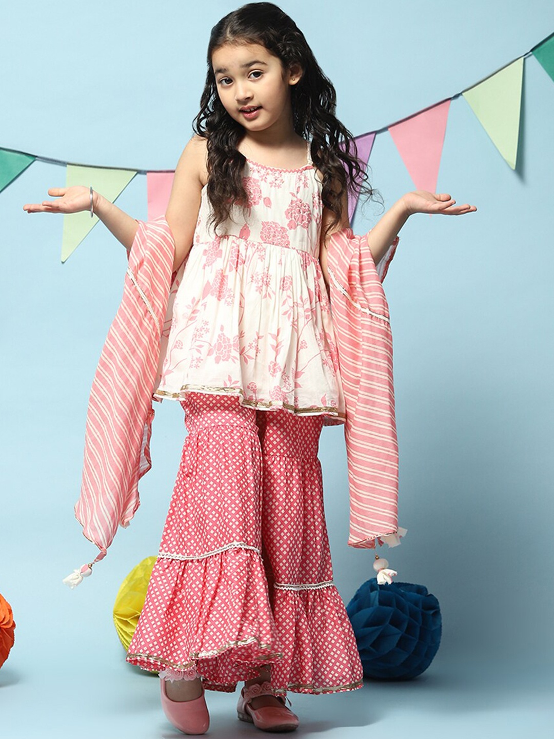 

Biba Girls Floral Printed Pleated Kurta with Sharara & With Dupatta, Off white