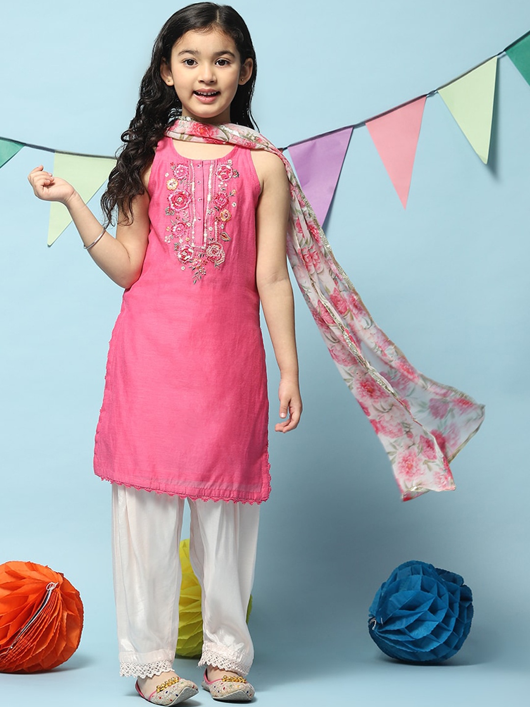 

Biba Girls Embroidered Thread Work Kurta with Salwar & Dupatta, Pink