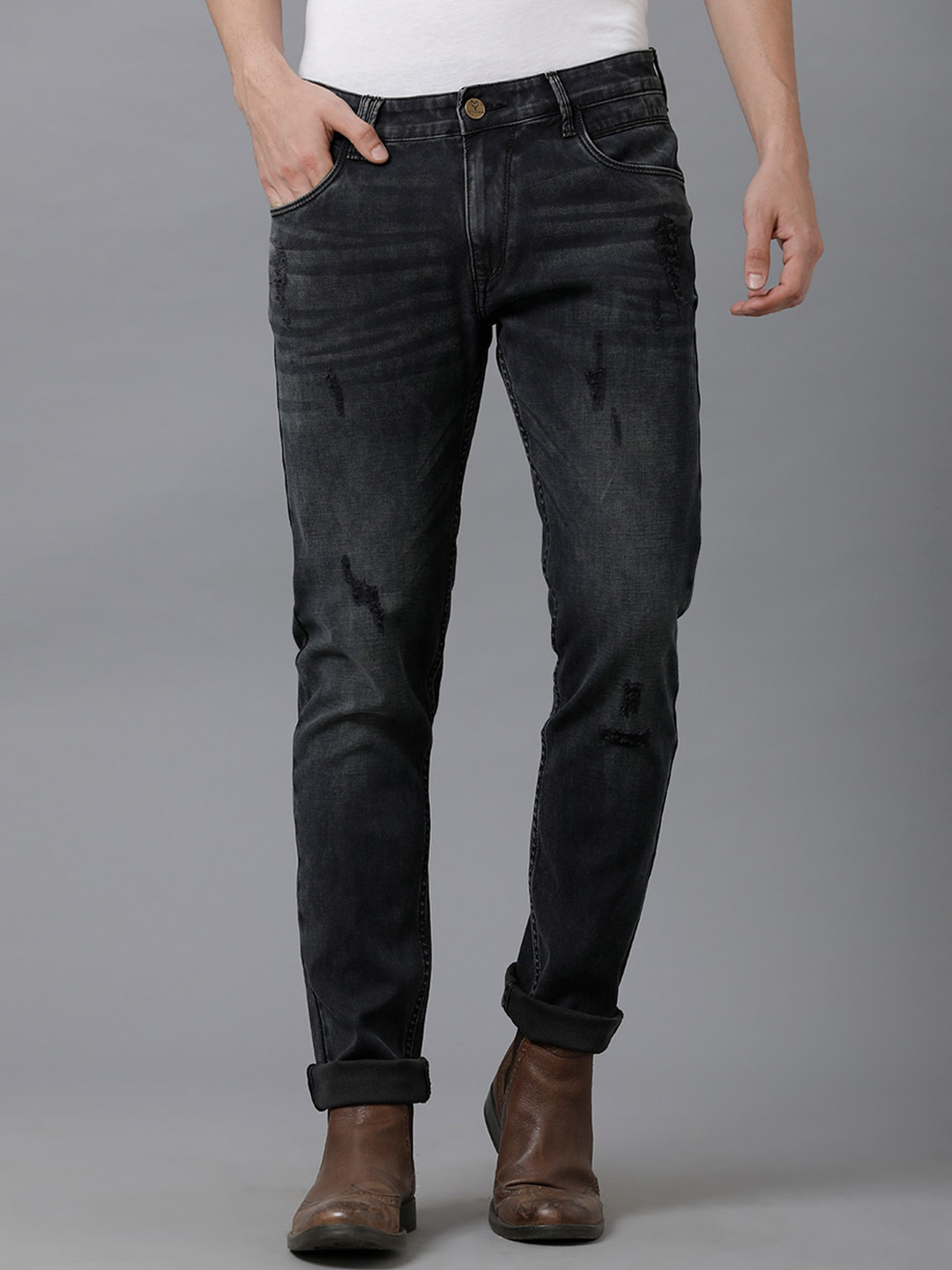 

YOVISH Men Classic Low Distressed Light Fade Stretchable Cotton Jeans, Black