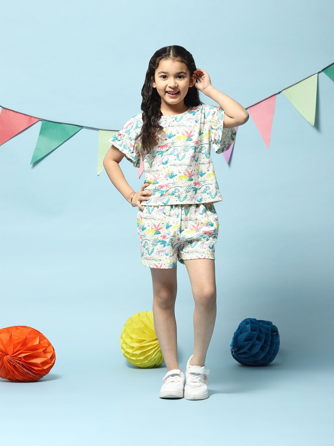 

Biba Girls Off White & Purple Printed Top with Shorts