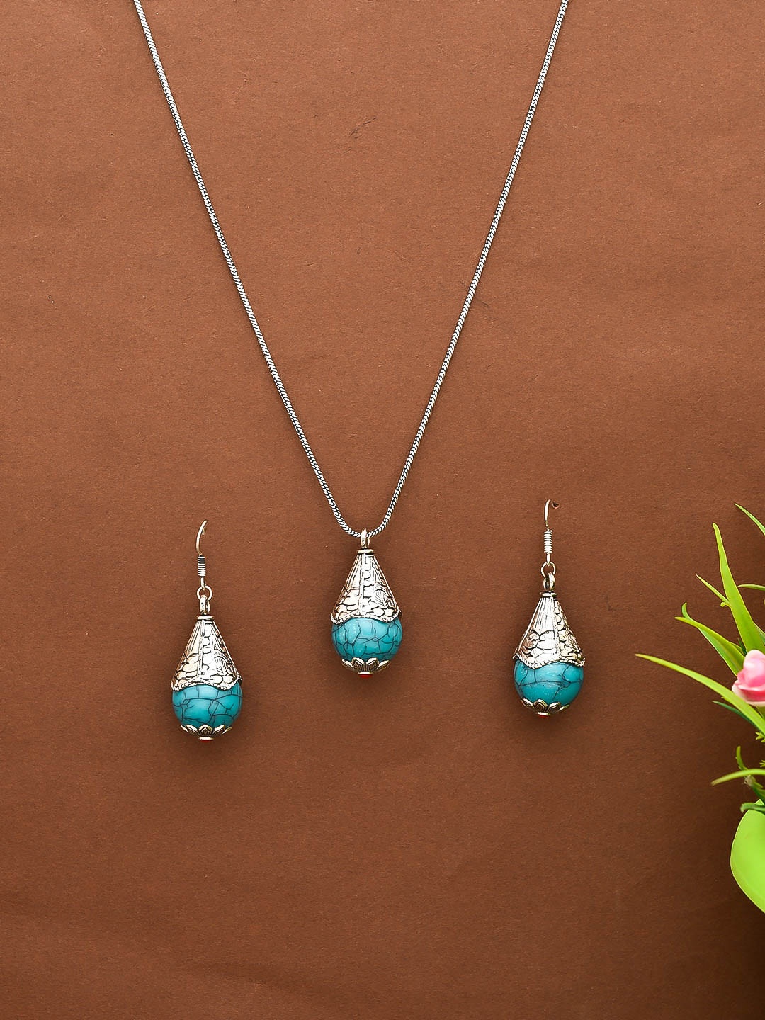 

Silvermerc Designs Silver-Plated Turquoise-Studded Jewellery Set, Blue