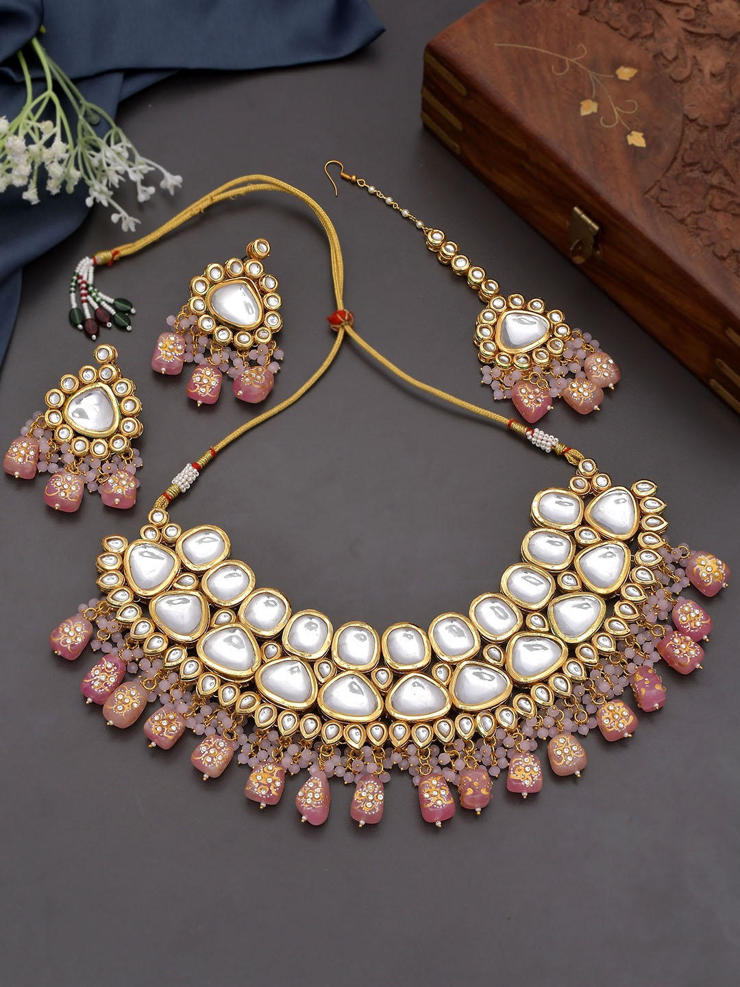 

Silvermerc Designs Gold-Plated Kundan-Studded & Beaded Jewellery Set, Pink