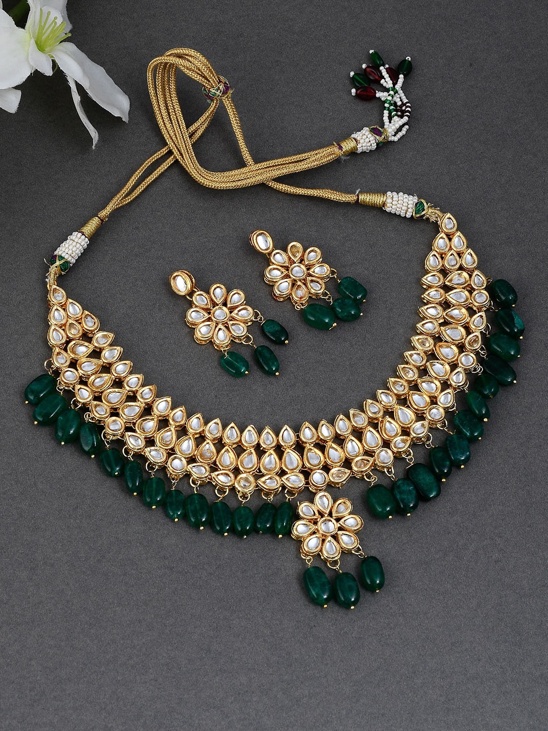 

Silvermerc Designs Gold-Plated Kundan-Studded & Beaded Jewellery Set, Green