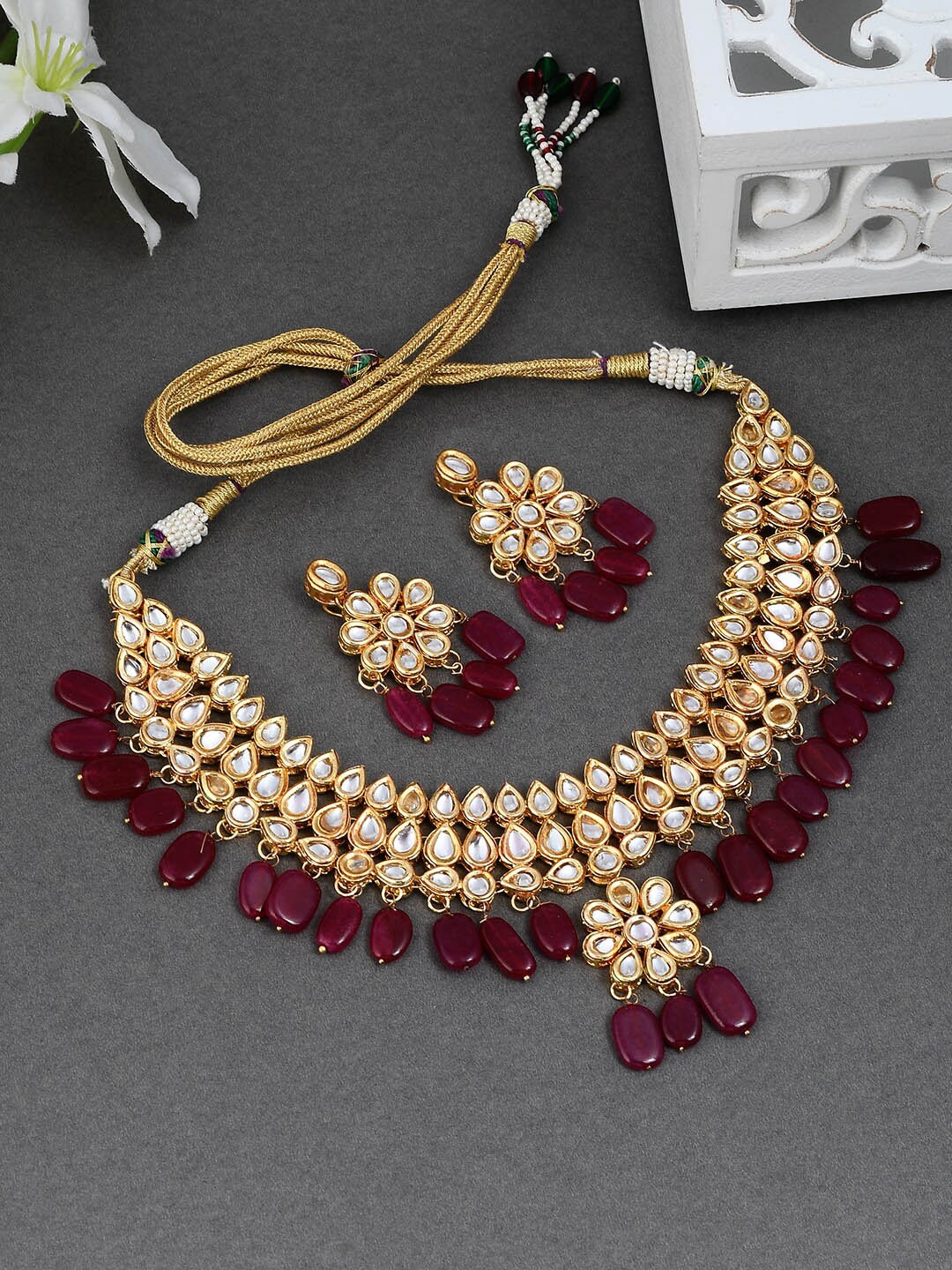

Silvermerc Designs Gold-Plated Kundan-Studded Beaded Jewellery Set, Maroon