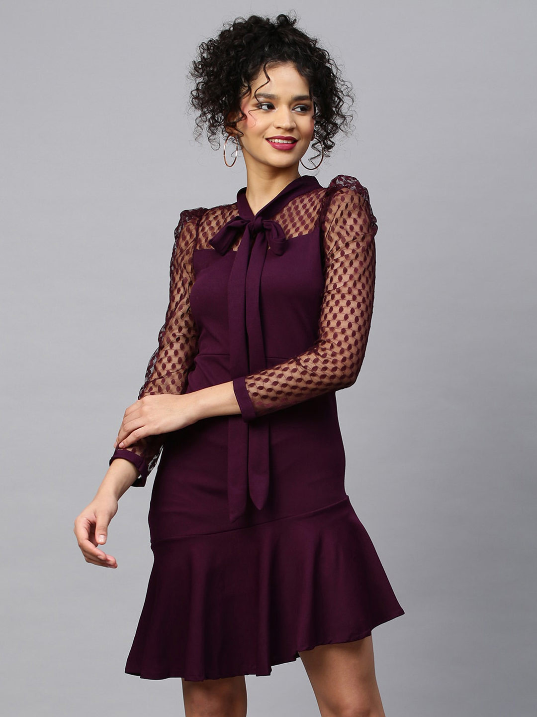 

AA-HA!!Tie-Up Neck A-Line Dress, Maroon