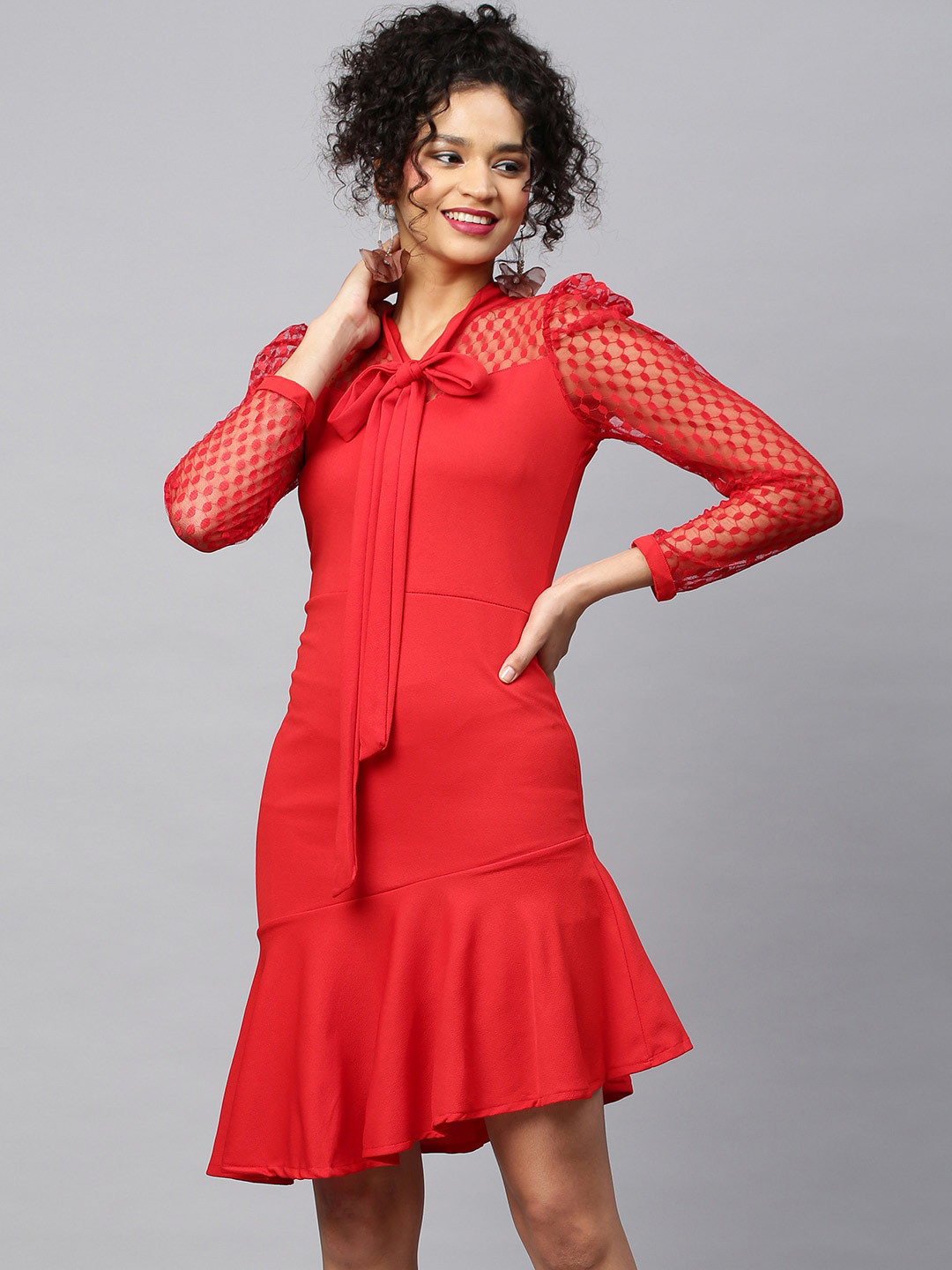 

AA-HA!! Puffed Sleeve Sheath Dress, Red