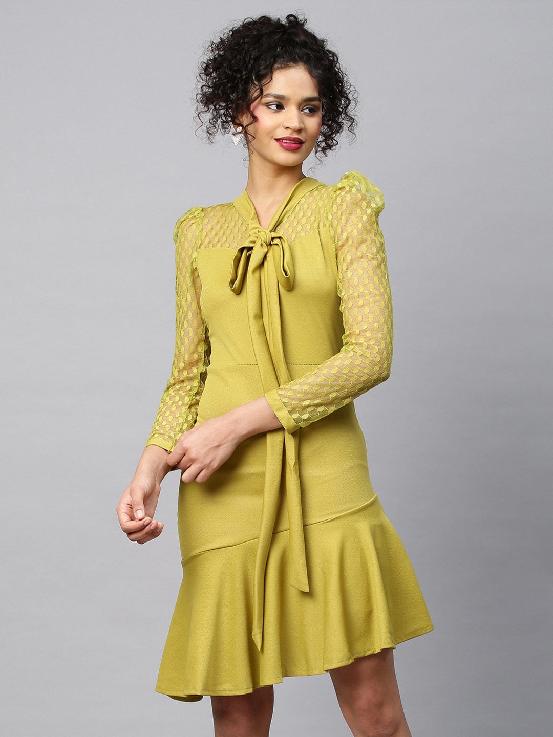 

AA-HA!! Tie-Up Neck A-Line Dress, Green