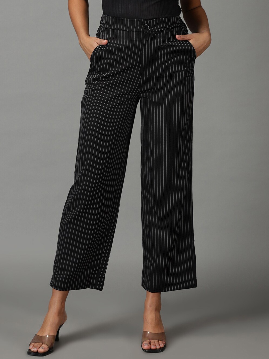 

SHOWOFF Women Striped Relaxed Straight Fit Parallel Trousers, Black