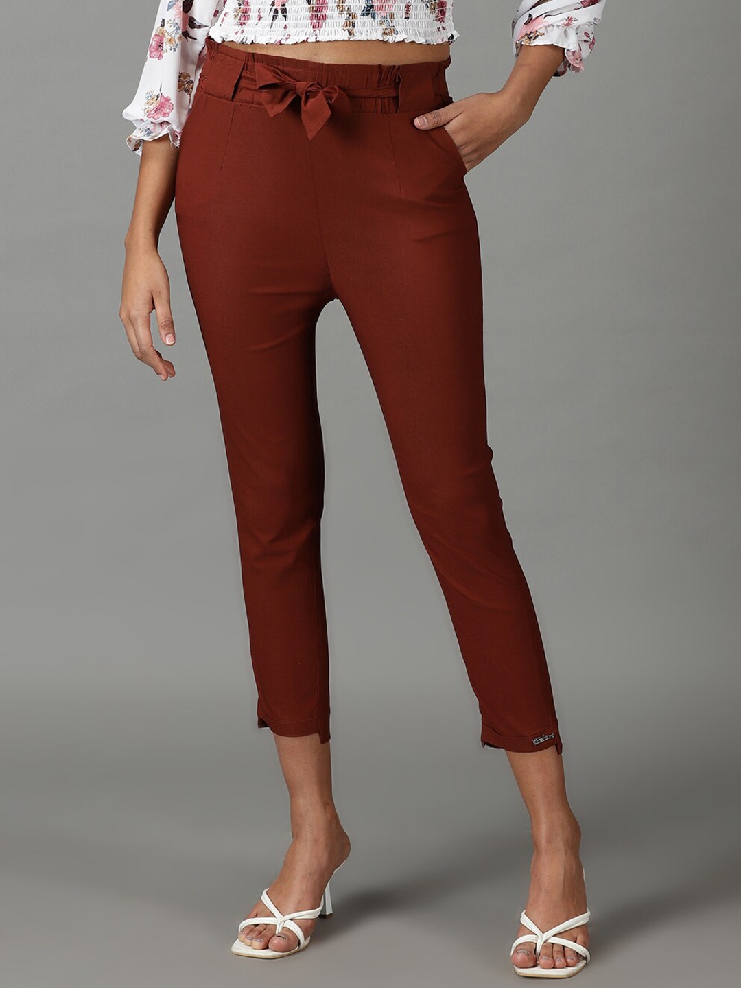 

SHOWOFF Women Slim Fit High-Rise Trousers, Rust