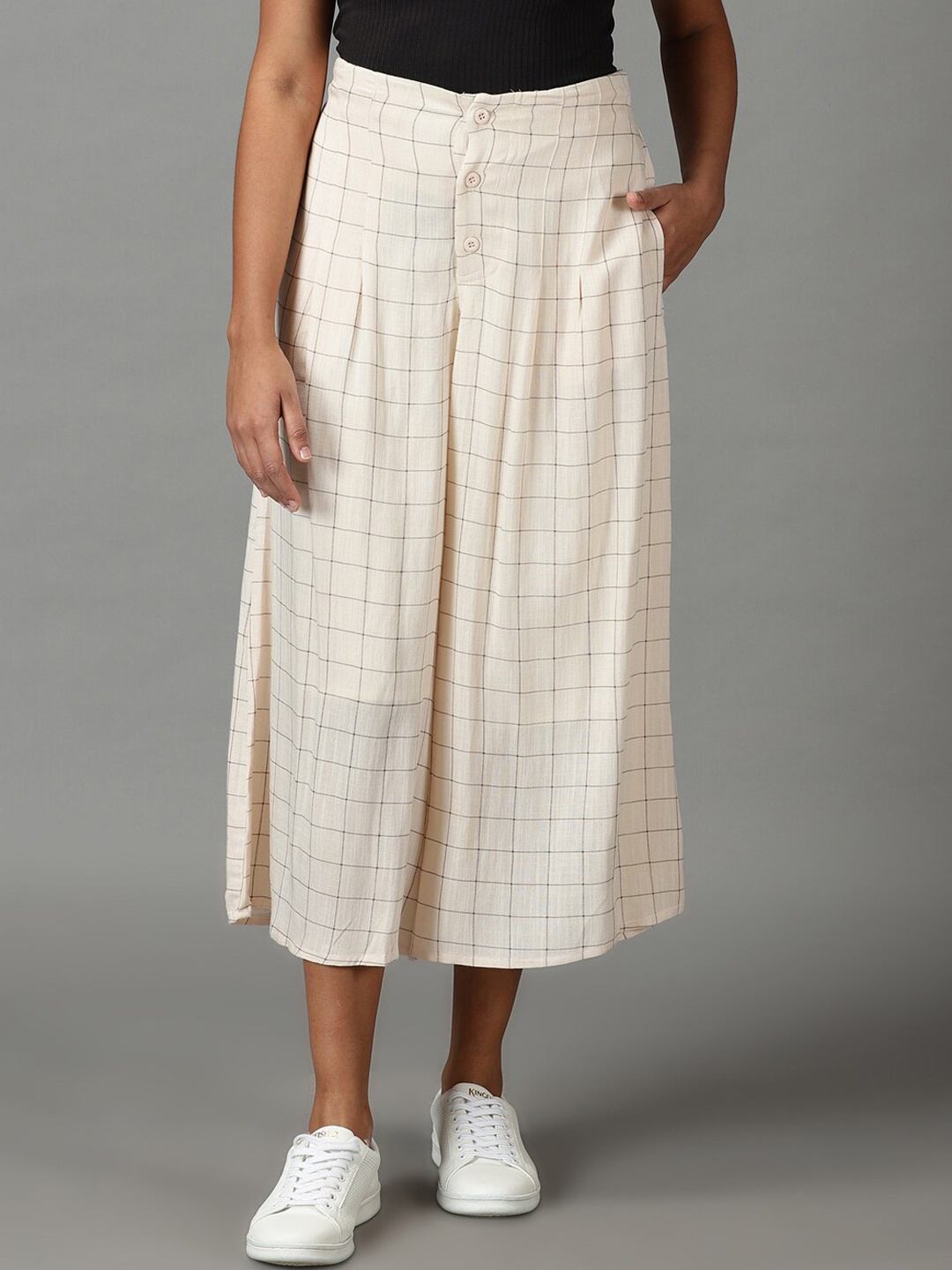 

SHOWOFF Women Checked Relaxed Flared High-Rise Linen Culottes, Cream