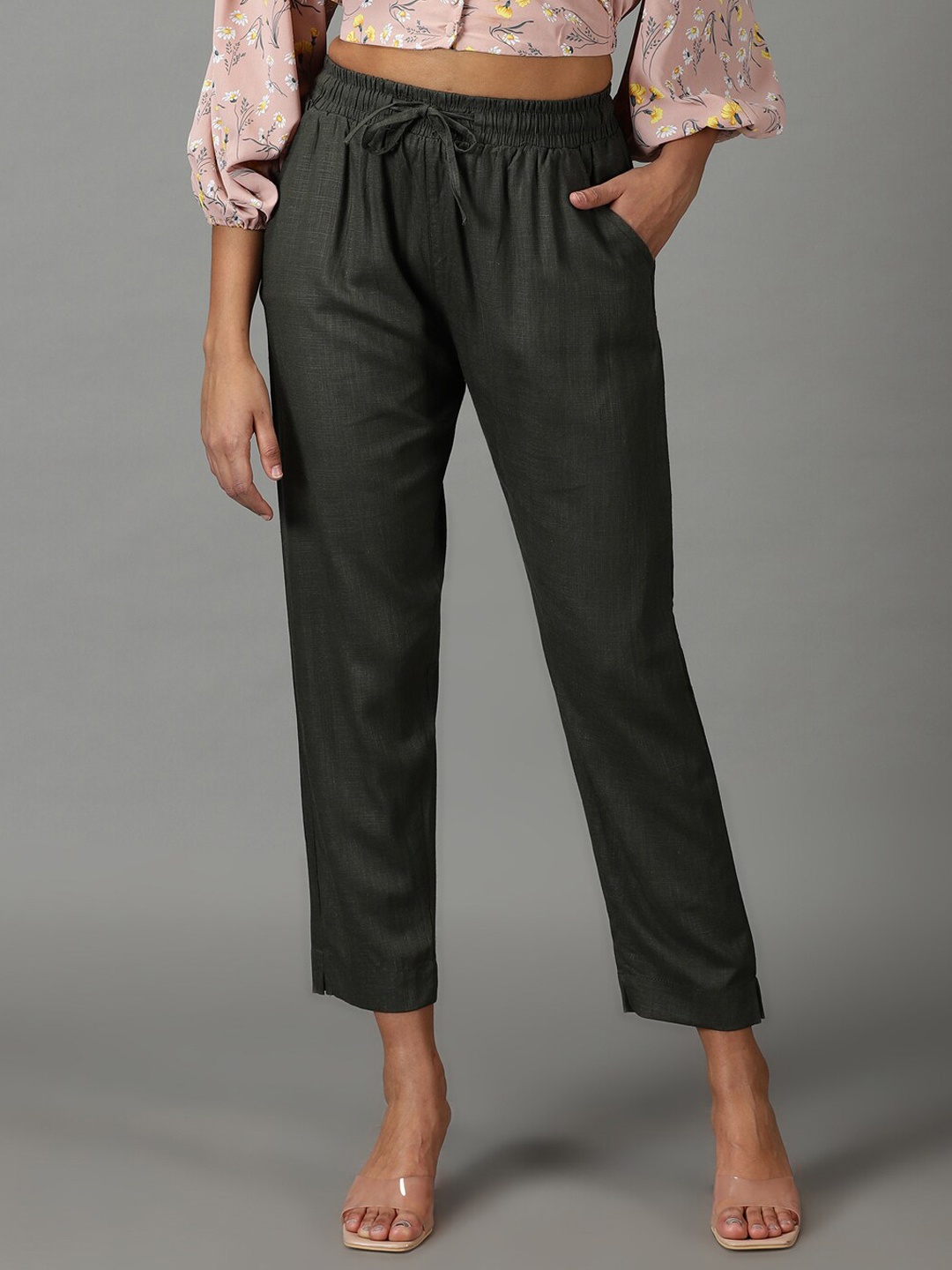 

SHOWOFF Women Pure Cotton Regular Fit Mid-Rise Trousers, Olive