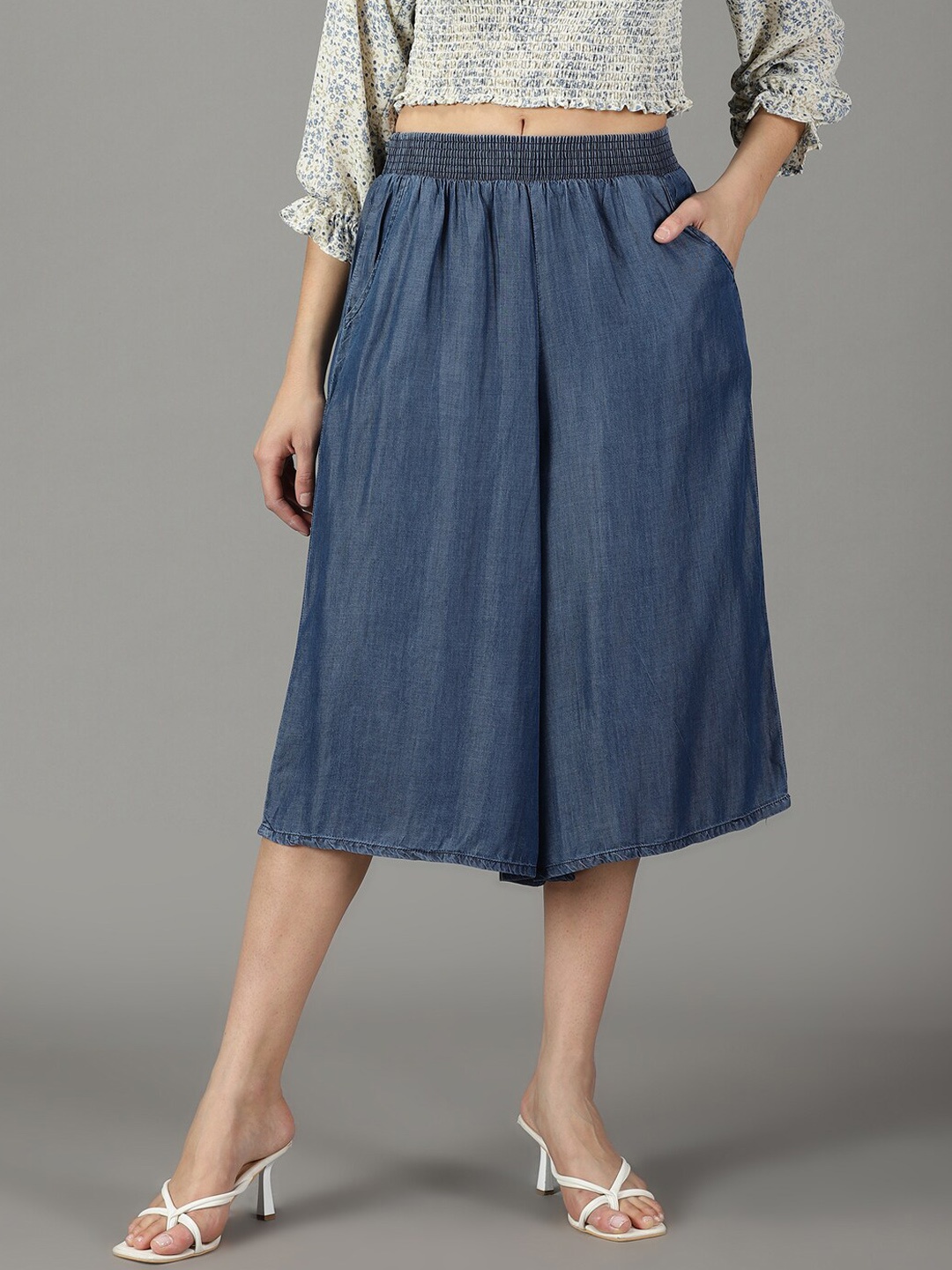 

SHOWOFF Women Flared High-Rise Cotton Culottes Trousers, Blue